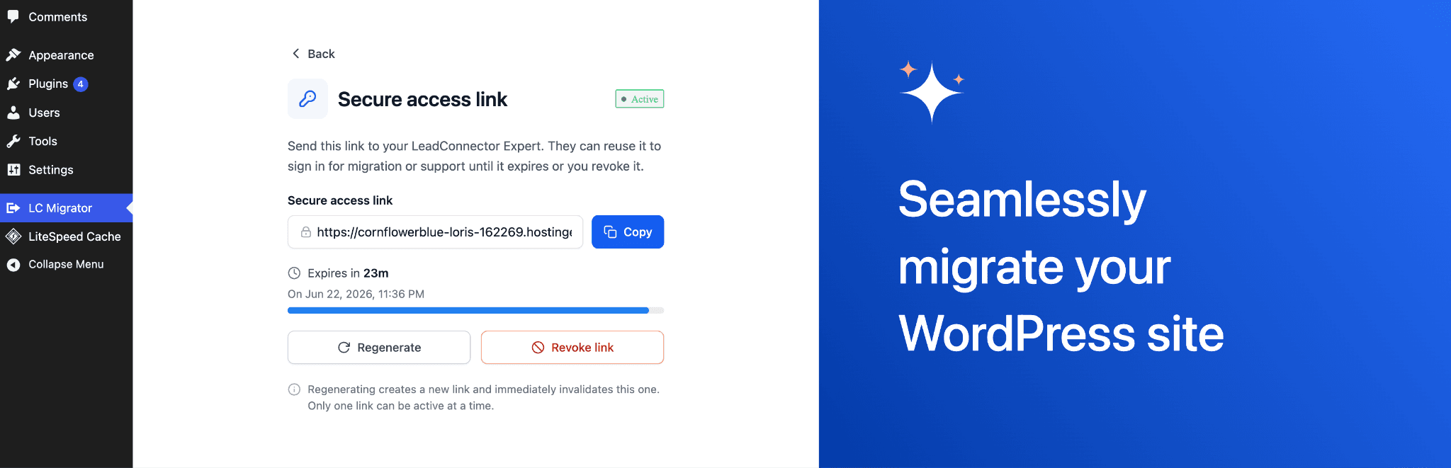 Schermata 6 — Come creare un link di accesso sicuro per la migrazione White-Glove