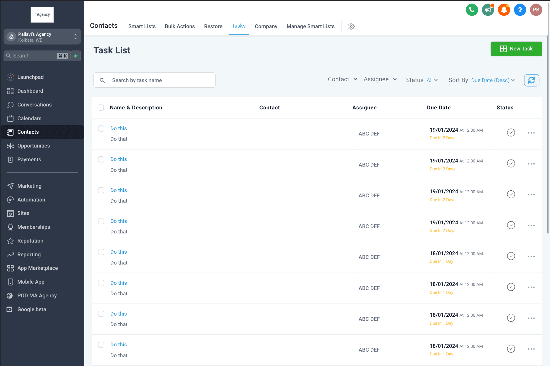 Esempio pagina lista task