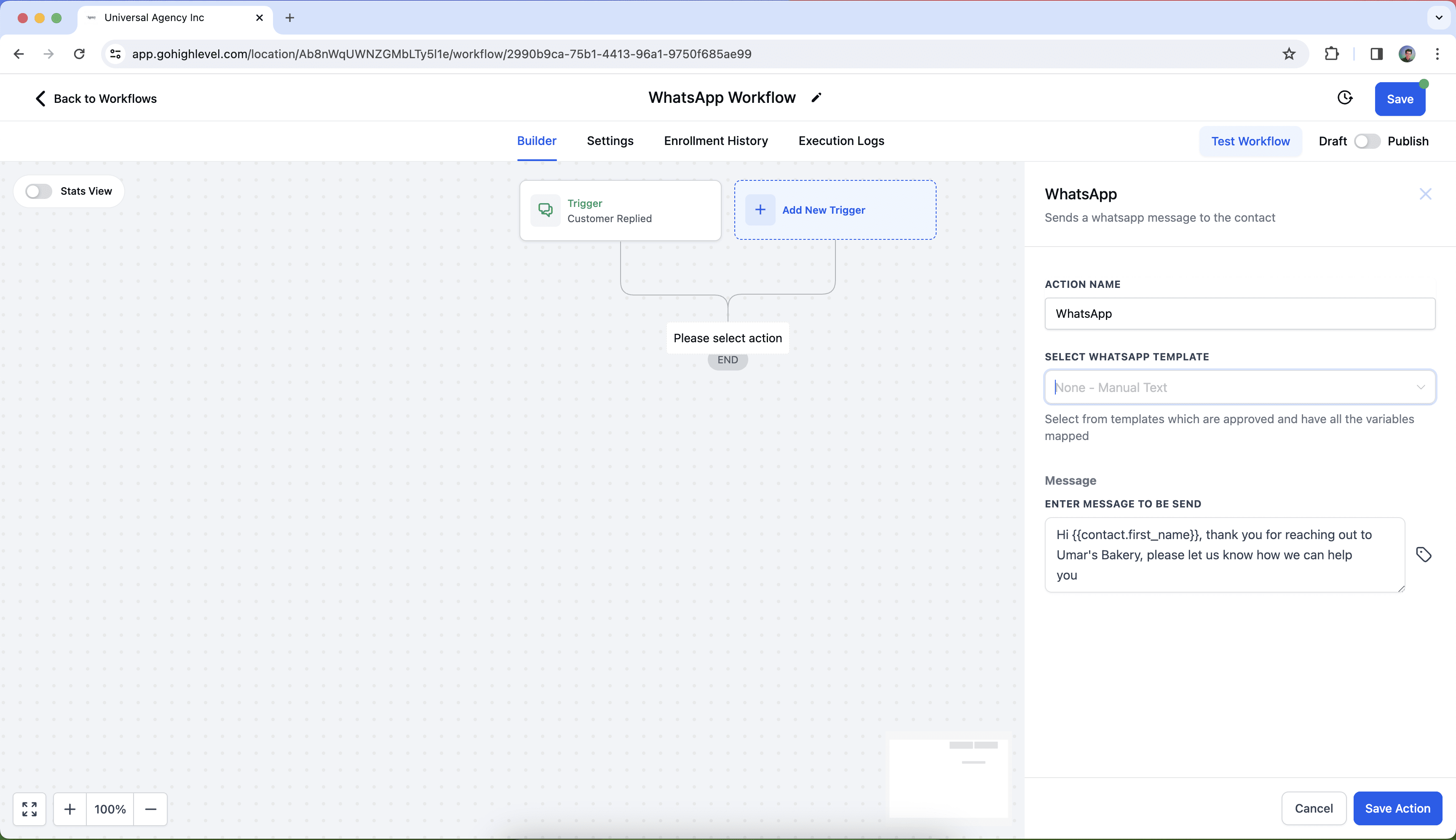 Schermata 1 — Azione Workflow - WhatsApp