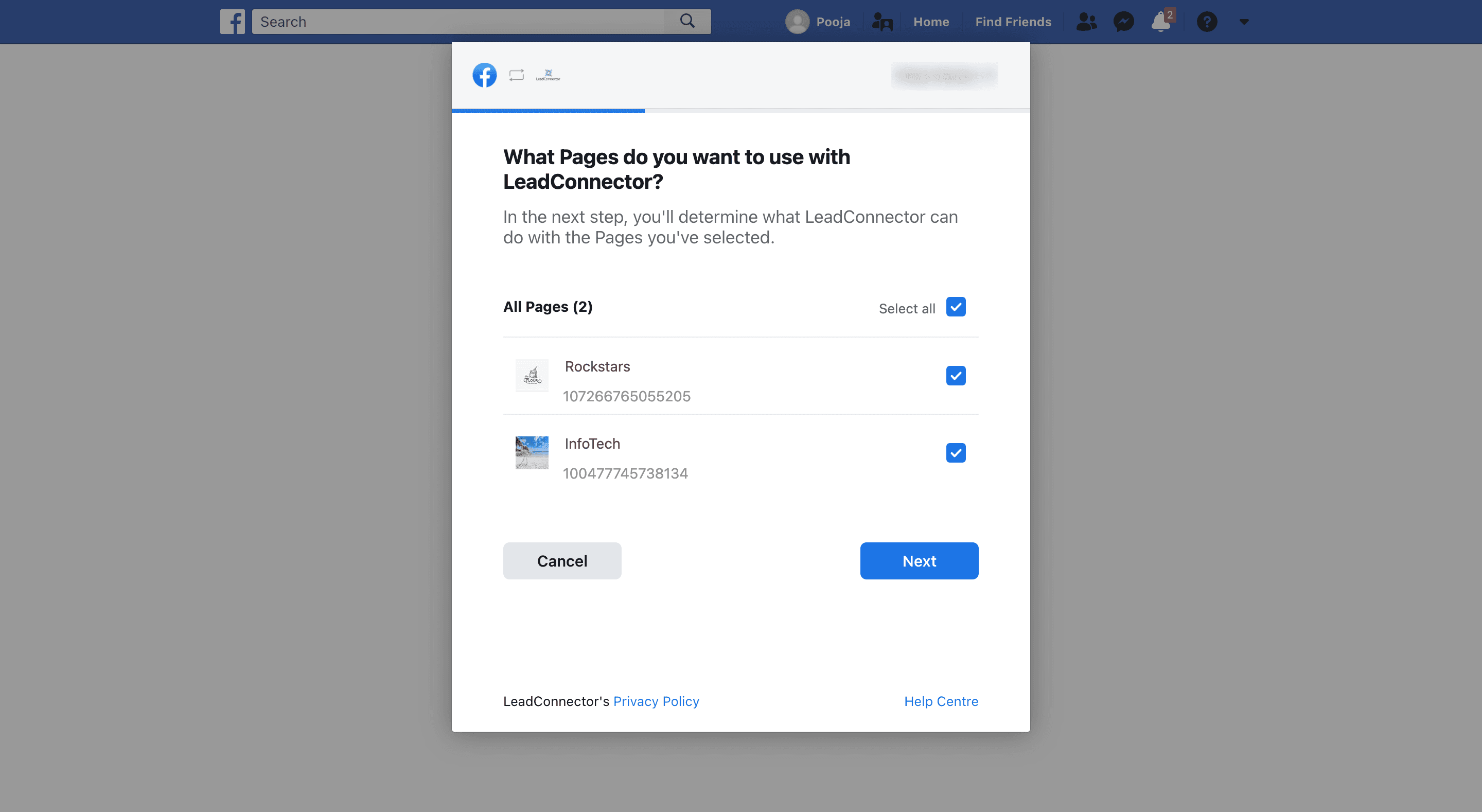 Schermata 4 — Come collegare le tue Pagine Facebook