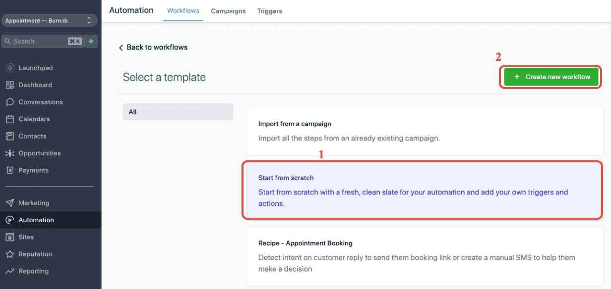 Finestra Start from Scratch > Create New Workflow
