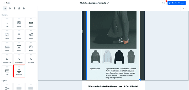Schermata 12 — Aggiungere l'Elemento Prodotto in una Email Campaign