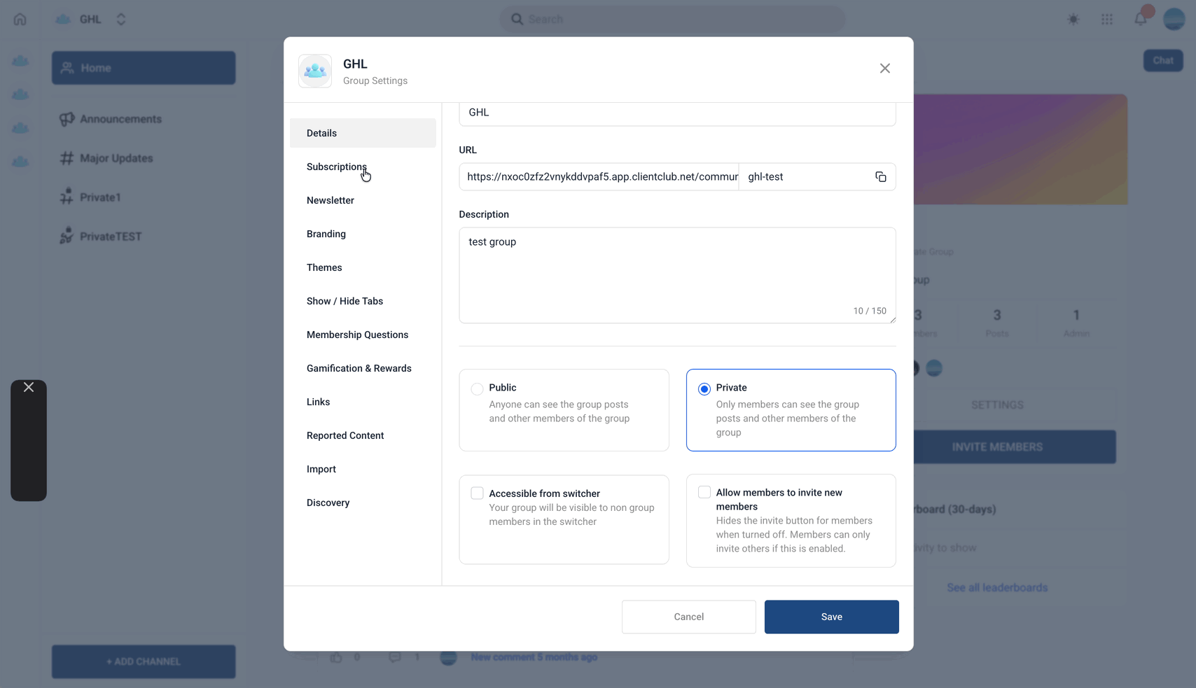 Schermata 4 — Communities - Tab di Navigazione Personalizzabili nei Gruppi