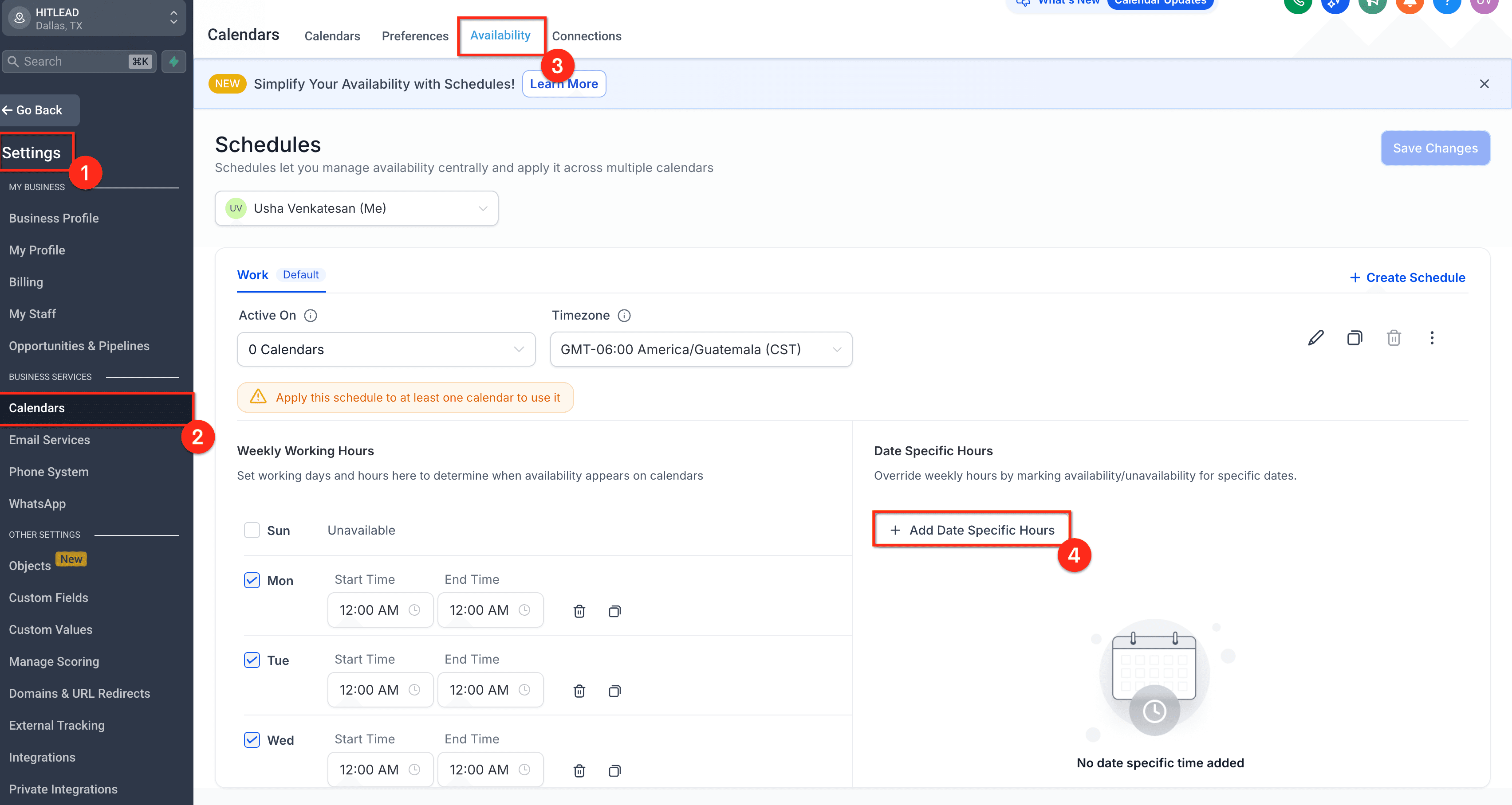 Schermata 5 — Disponibilità del Calendario - Orari Settimanali e Orari per Date Specifiche
