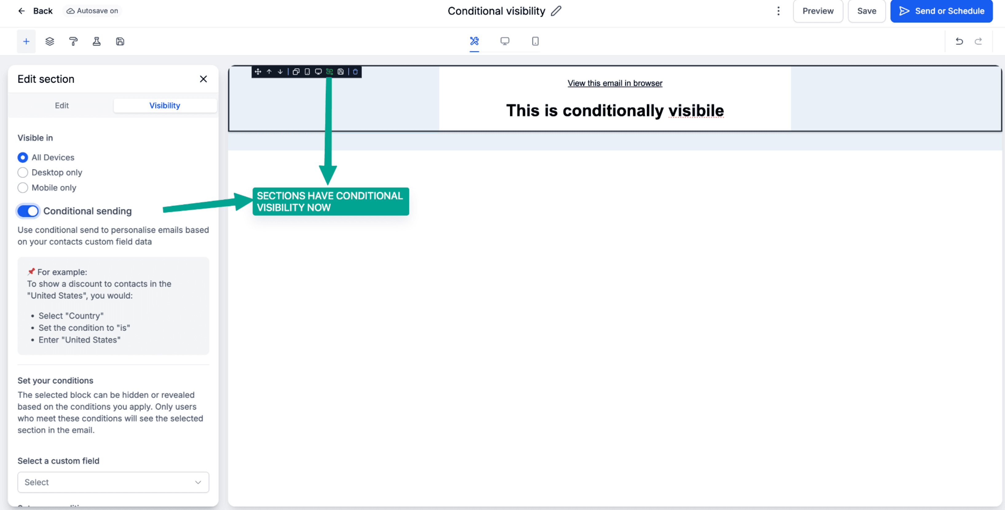 Schermata 3 — Sezione Visibilità per Layout nell'Email Builder
