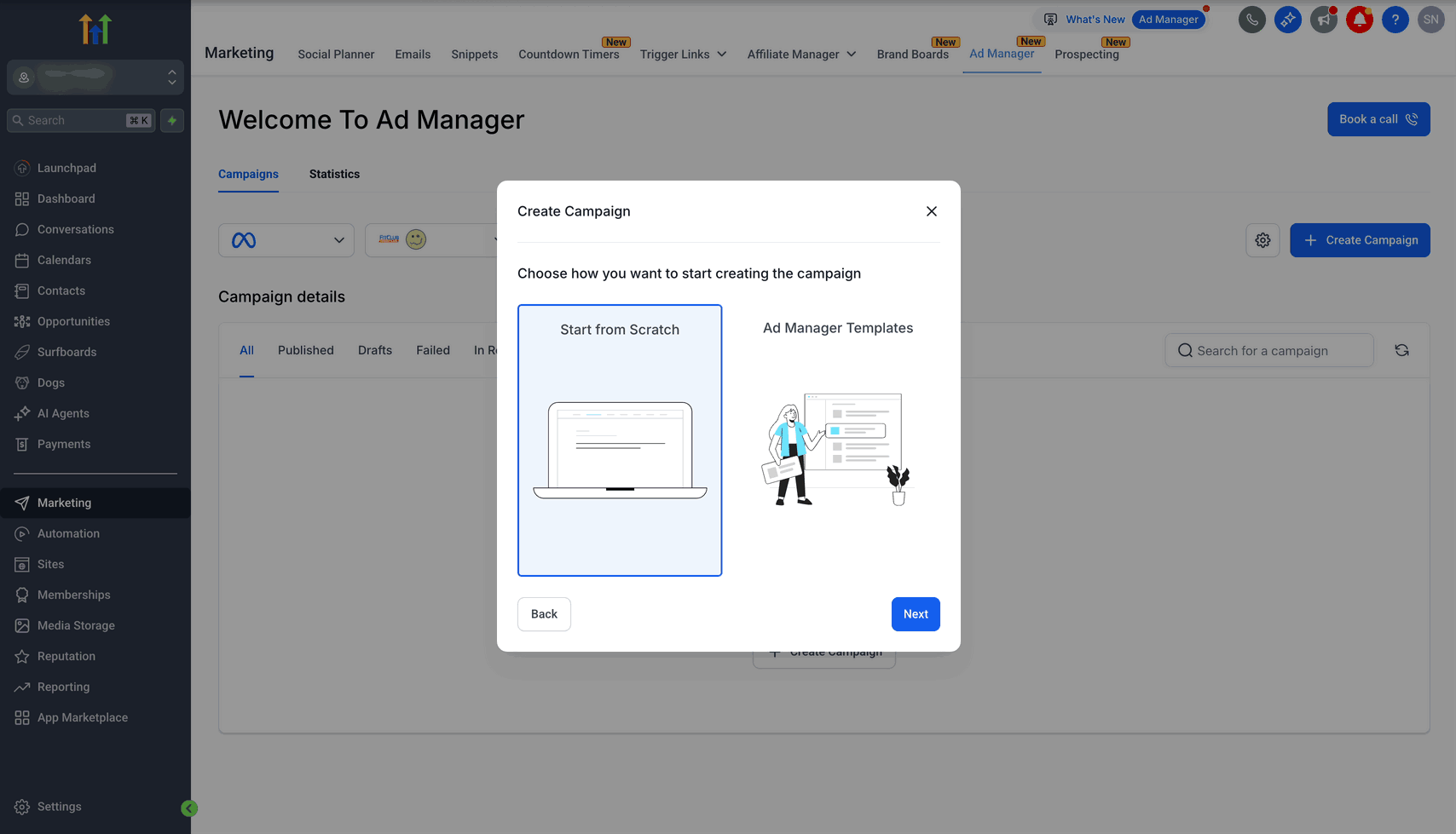 Schermata 3 — Libreria di Template nell'Ads Manager