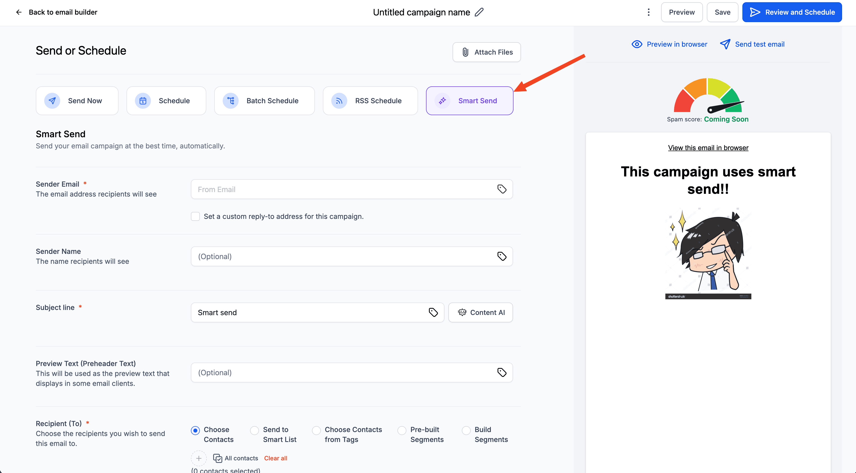 Schermata 1 — Smart Send: Raccomandazione del Momento Ottimale nelle Campaign Email