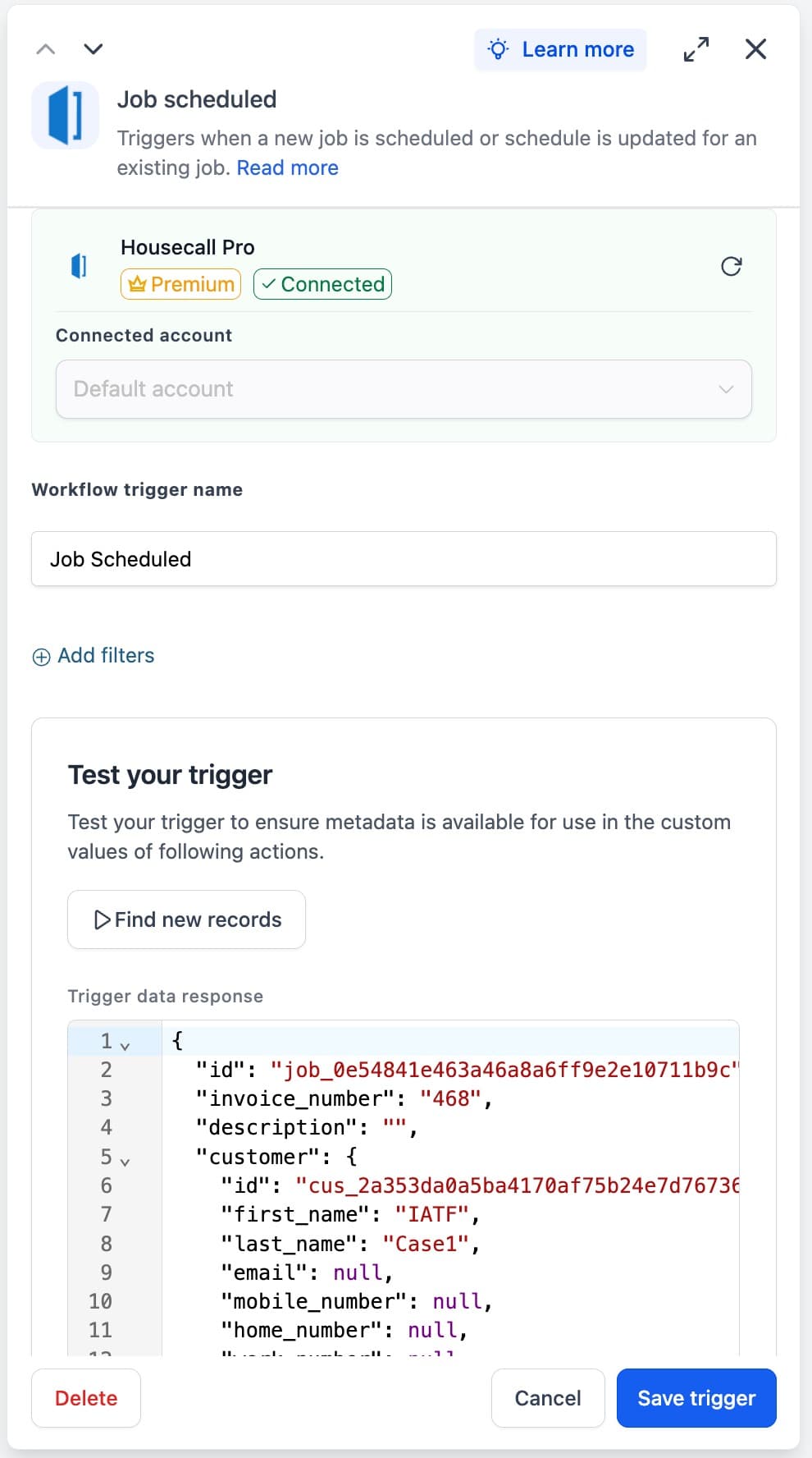 Schermata 5 — Housecall Pro - Azioni e Trigger del Workflow