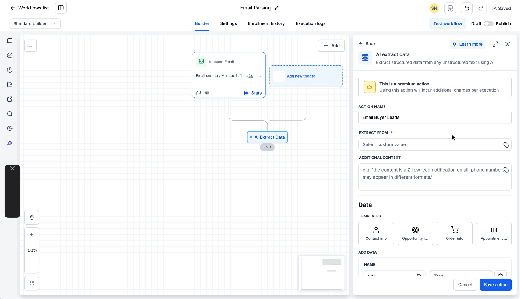 Schermata 6 — Come fare il parsing delle email con l'azione AI Extract Data