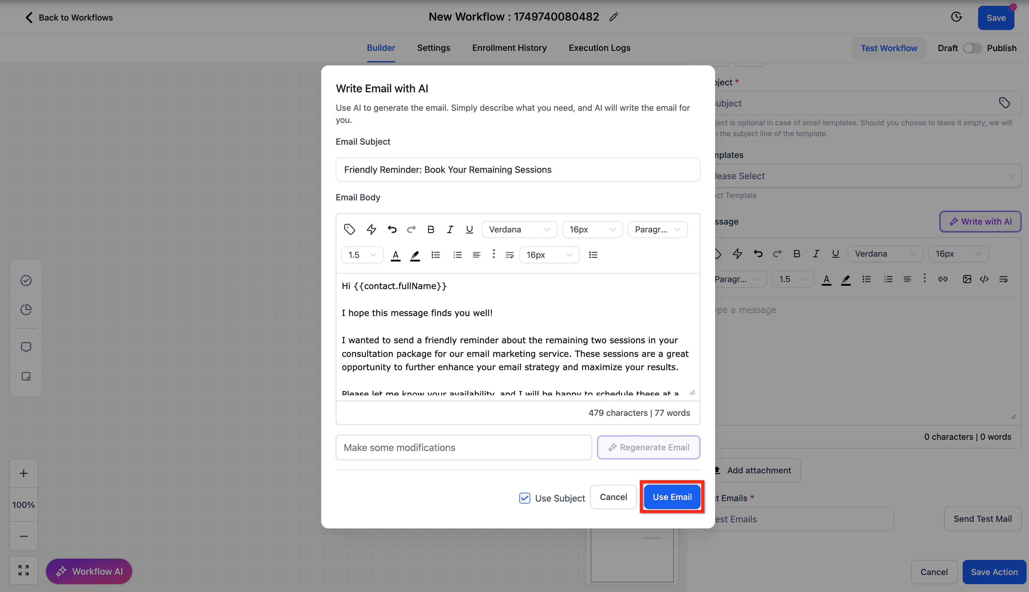 Schermata 5 — Generazione Email con AI nell'Azione Workflow