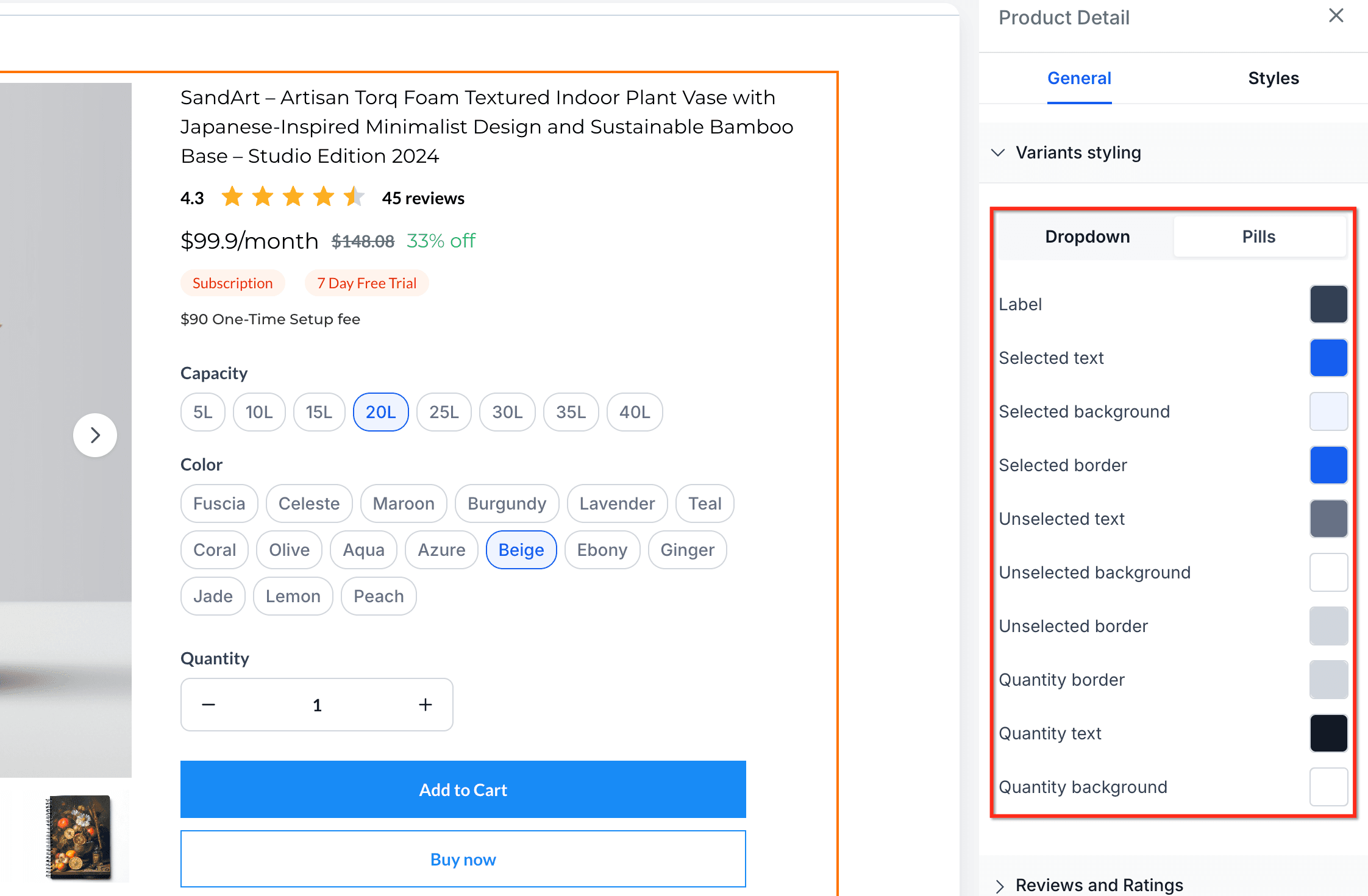 Schermata 4 — Come personalizzare gli stili del selettore prodotto nella pagina dettaglio prodotto
