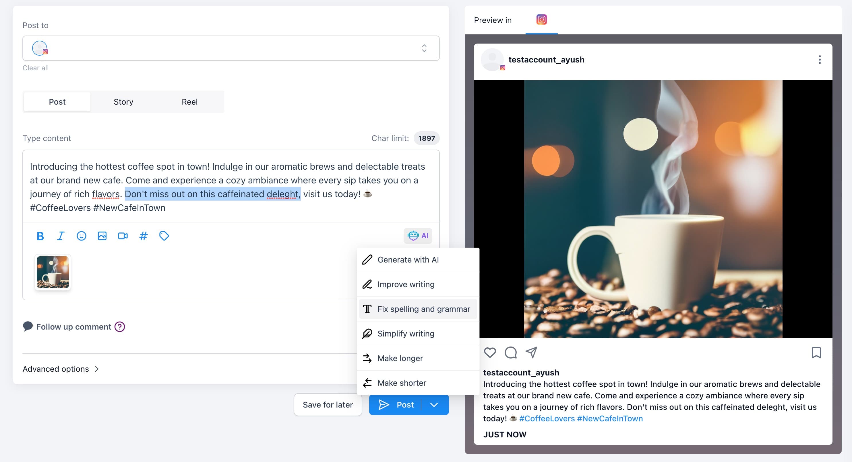 Schermata 3 — Come correggere grammatica e ortografia, allungare i contenuti e migliorare la scrittura nel Social Post?