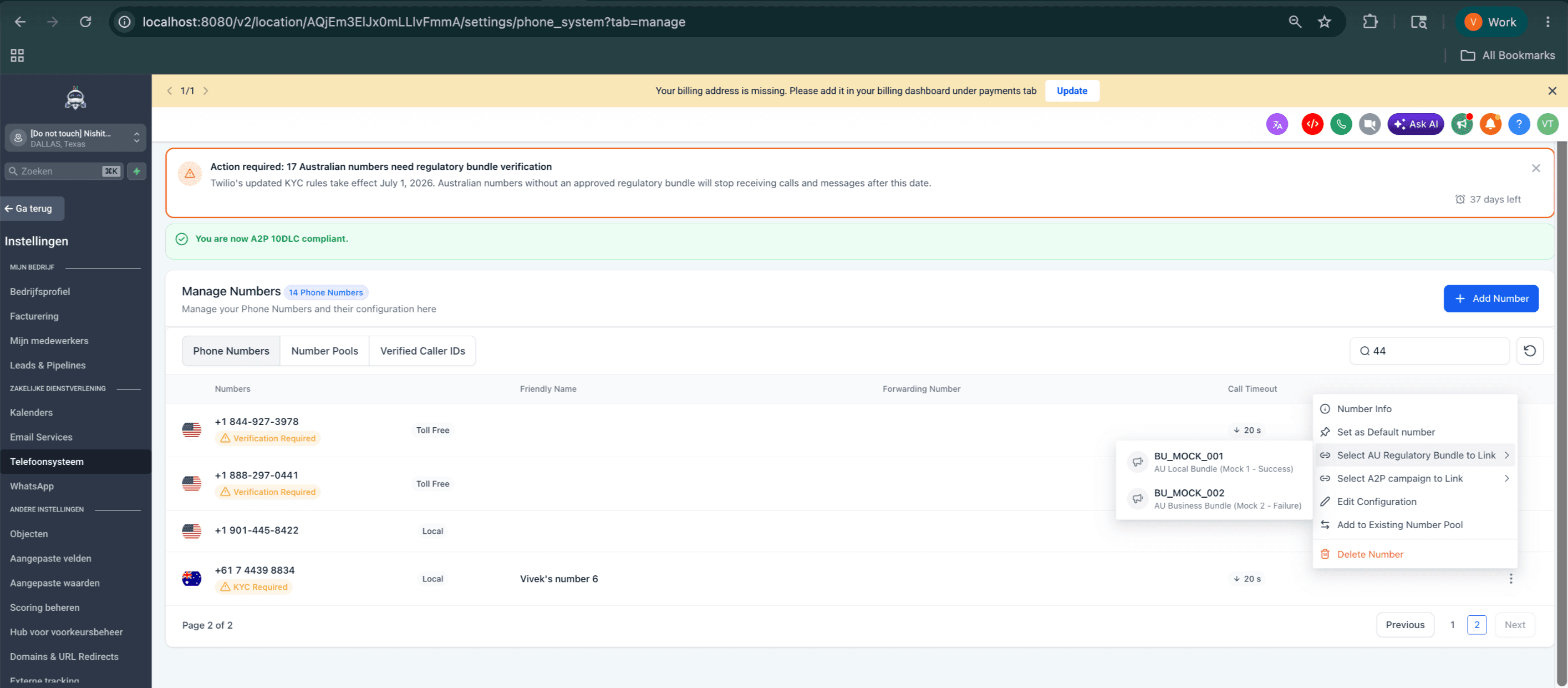 Schermata 2 — Come creare e collegare un Regulatory Bundle per i numeri locali australiani