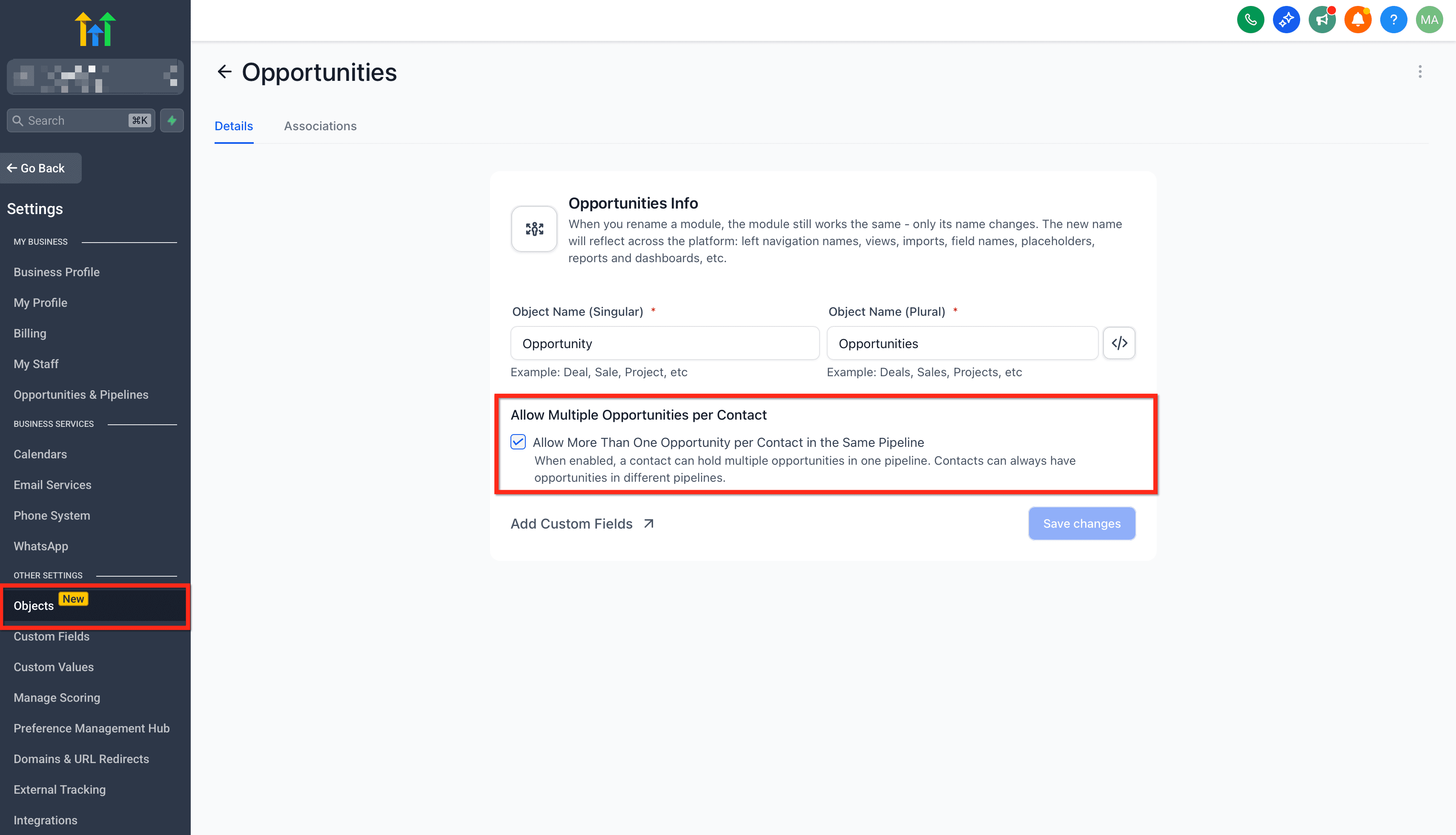 Schermata 1 — Toggle Opportunità Multiple nei Workflow