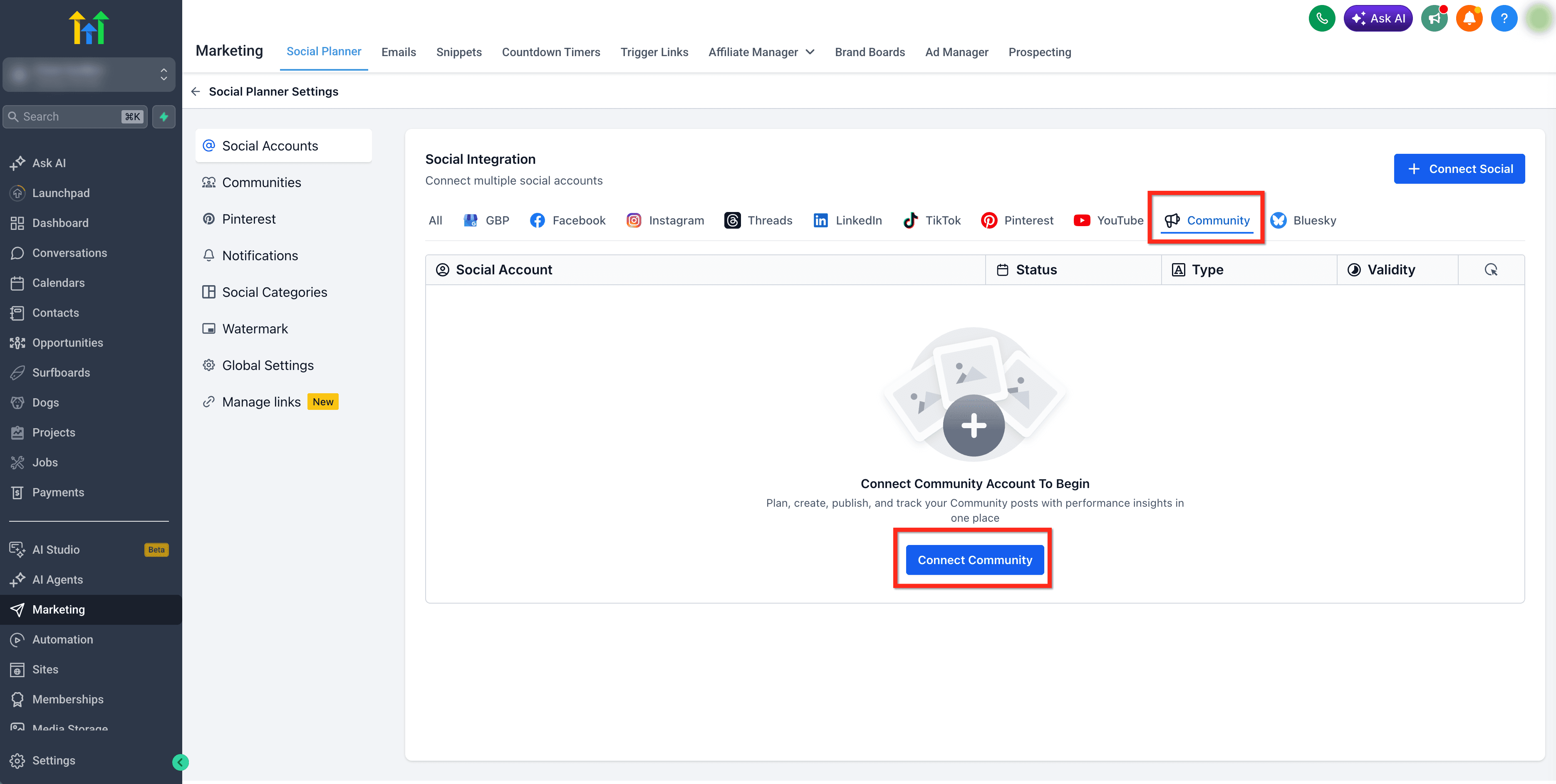 Schermata 2 — Come pianificare i post delle Community dal Social Planner