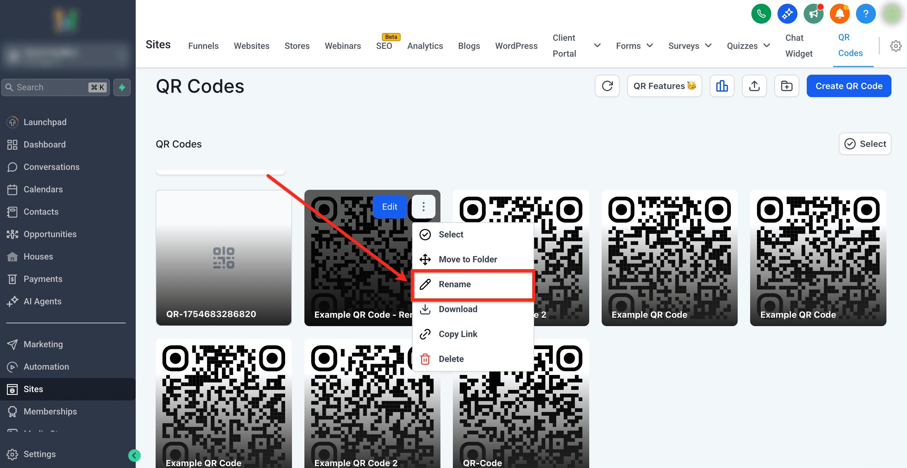 Schermata 11 — Azioni Massive sui QR Code, Rinominazione e Scorciatoia Copia Link