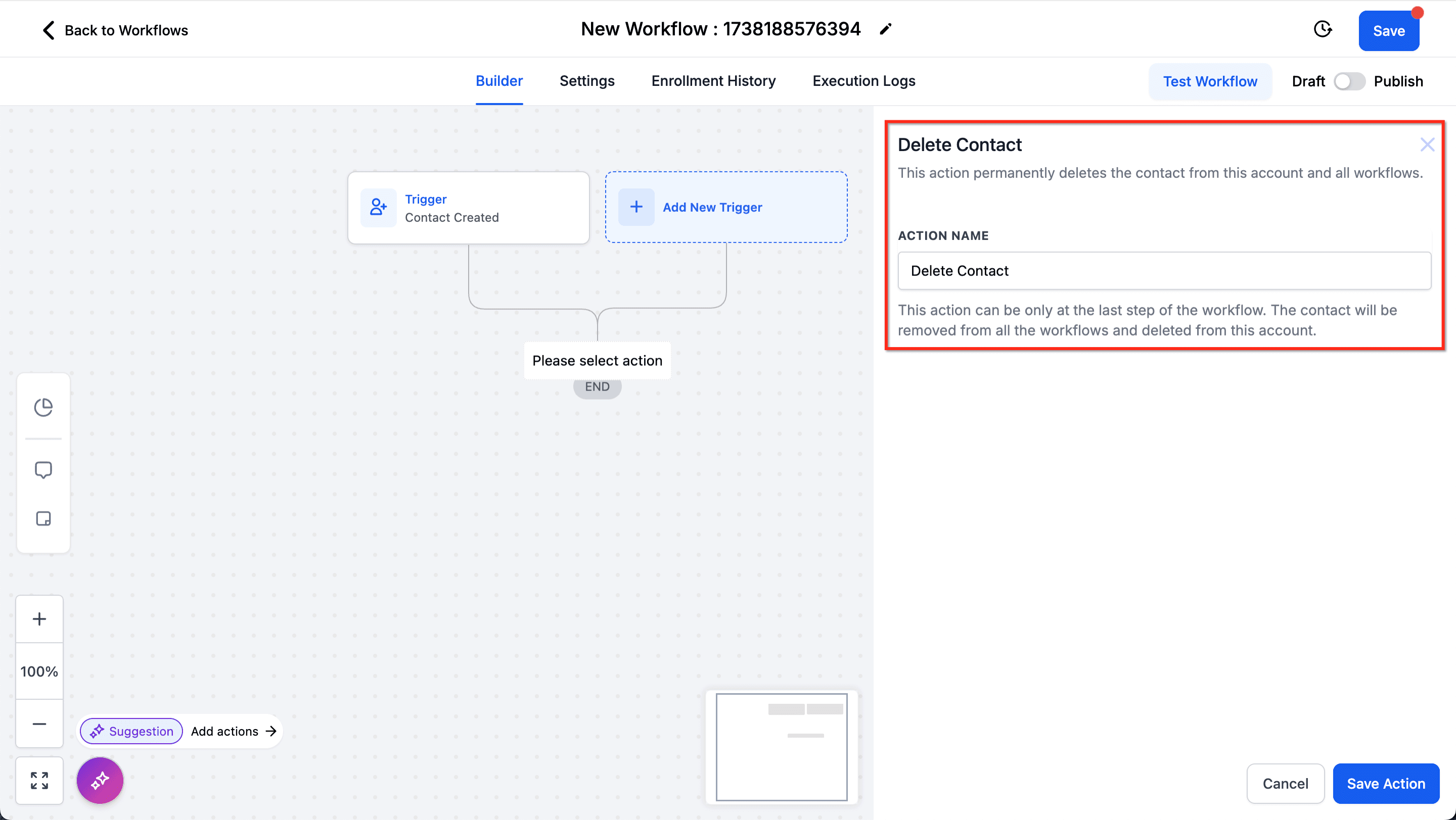 Schermata 3 — Azioni Workflow - Elimina Contatto