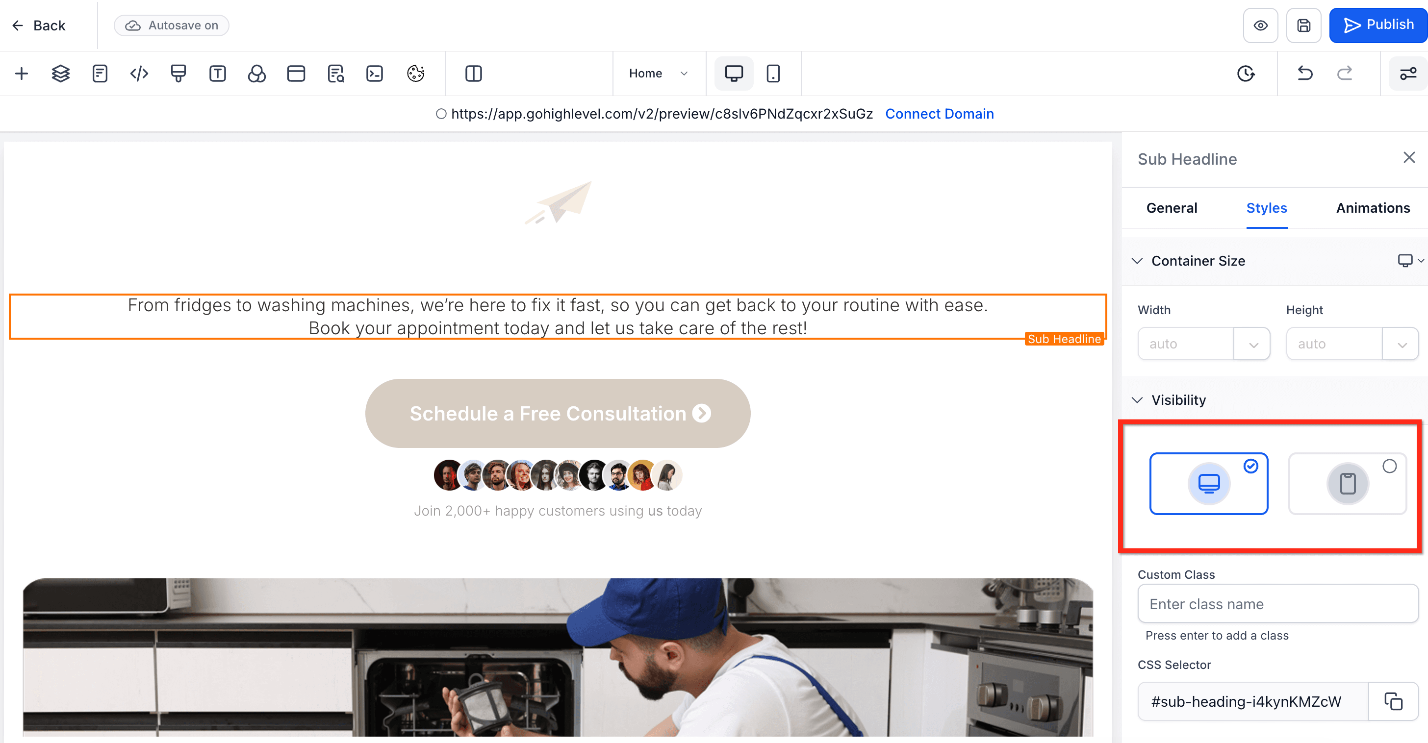 Schermata 7 — Nascondere e mostrare elementi al clic su un pulsante (Funnel e Siti Web)