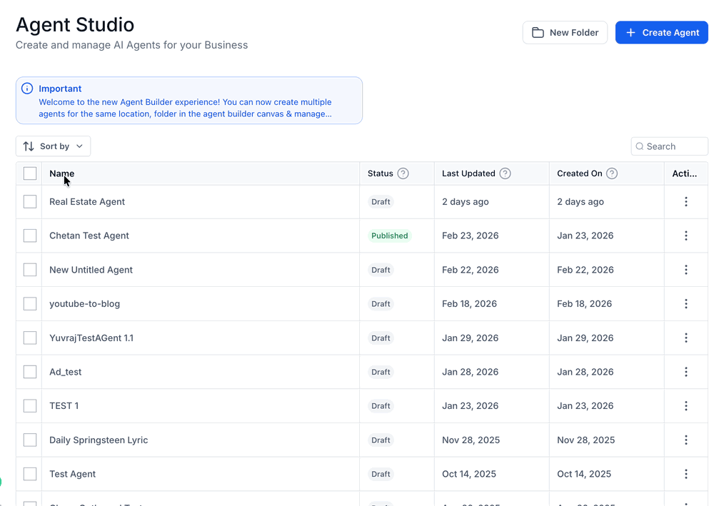 Schermata 1 — Come creare e gestire le cartelle in Agent Studio