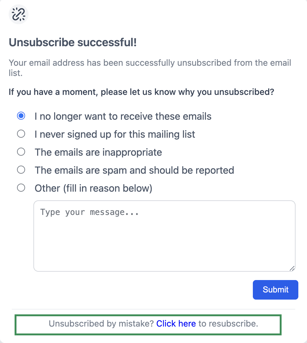 Pagina di conferma disiscrizione con CTA Resubscribe