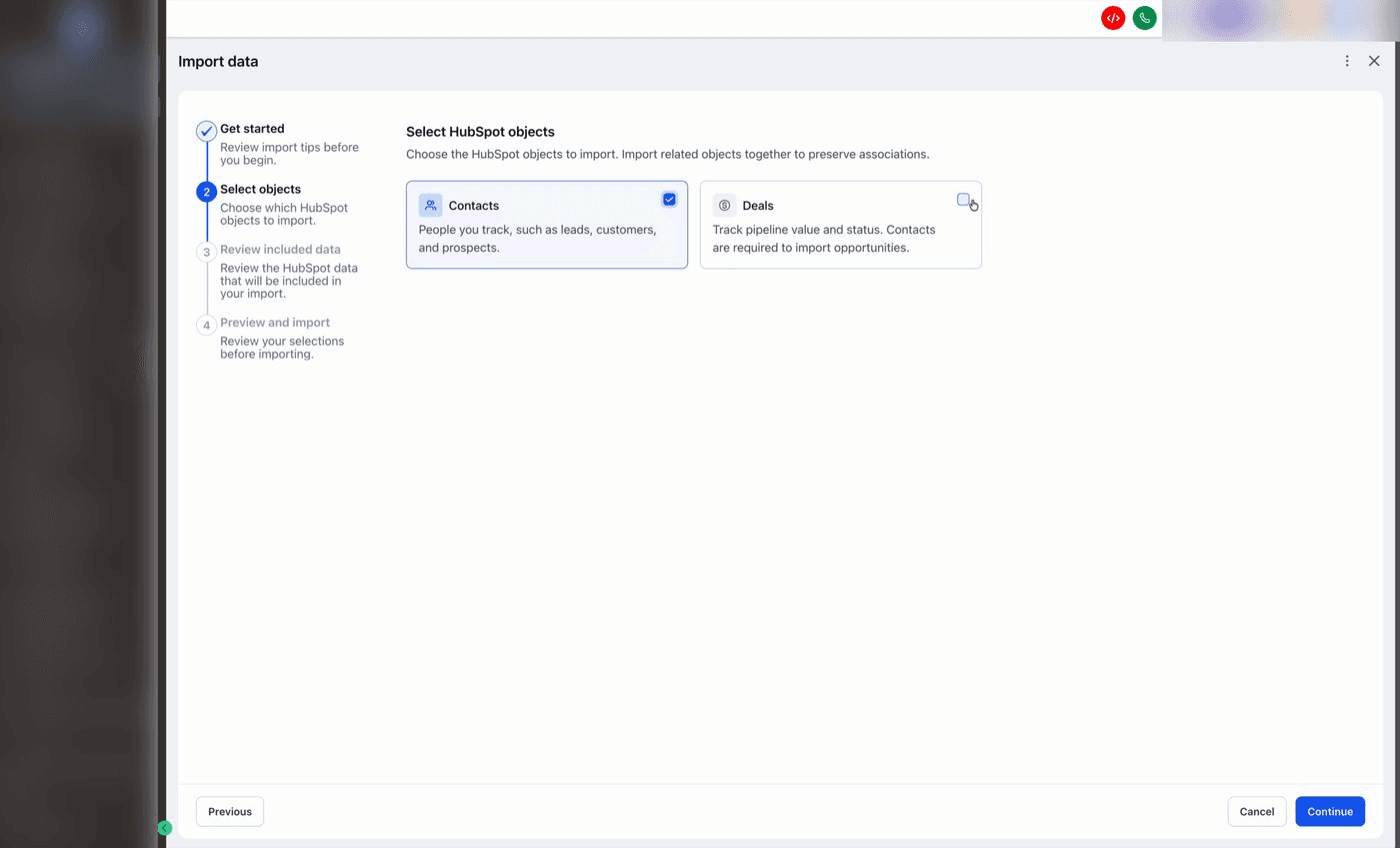 Il passaggio Select objects con due riquadri: Contacts e Deals, con caselle di controllo per scegliere cosa importare.