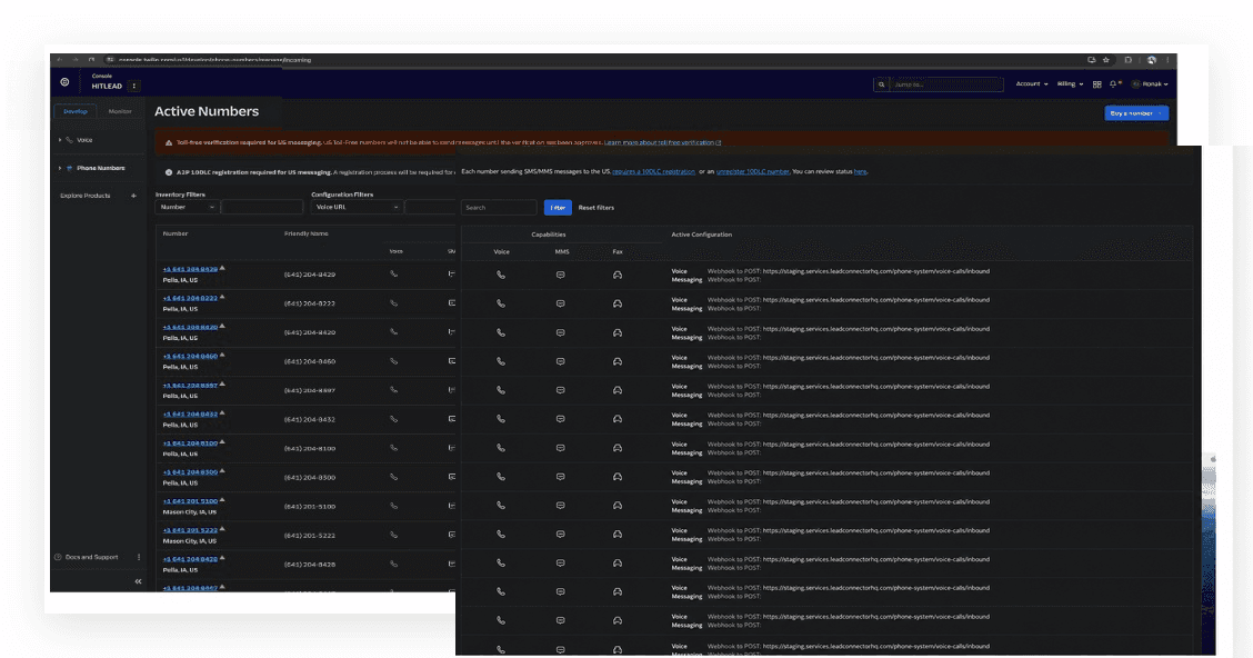 Schermata 1 — Configurare i webhook per ricevere chiamate in entrata, messaggi e aggiornamenti di stato delle chiamate (per utenti Twilio)