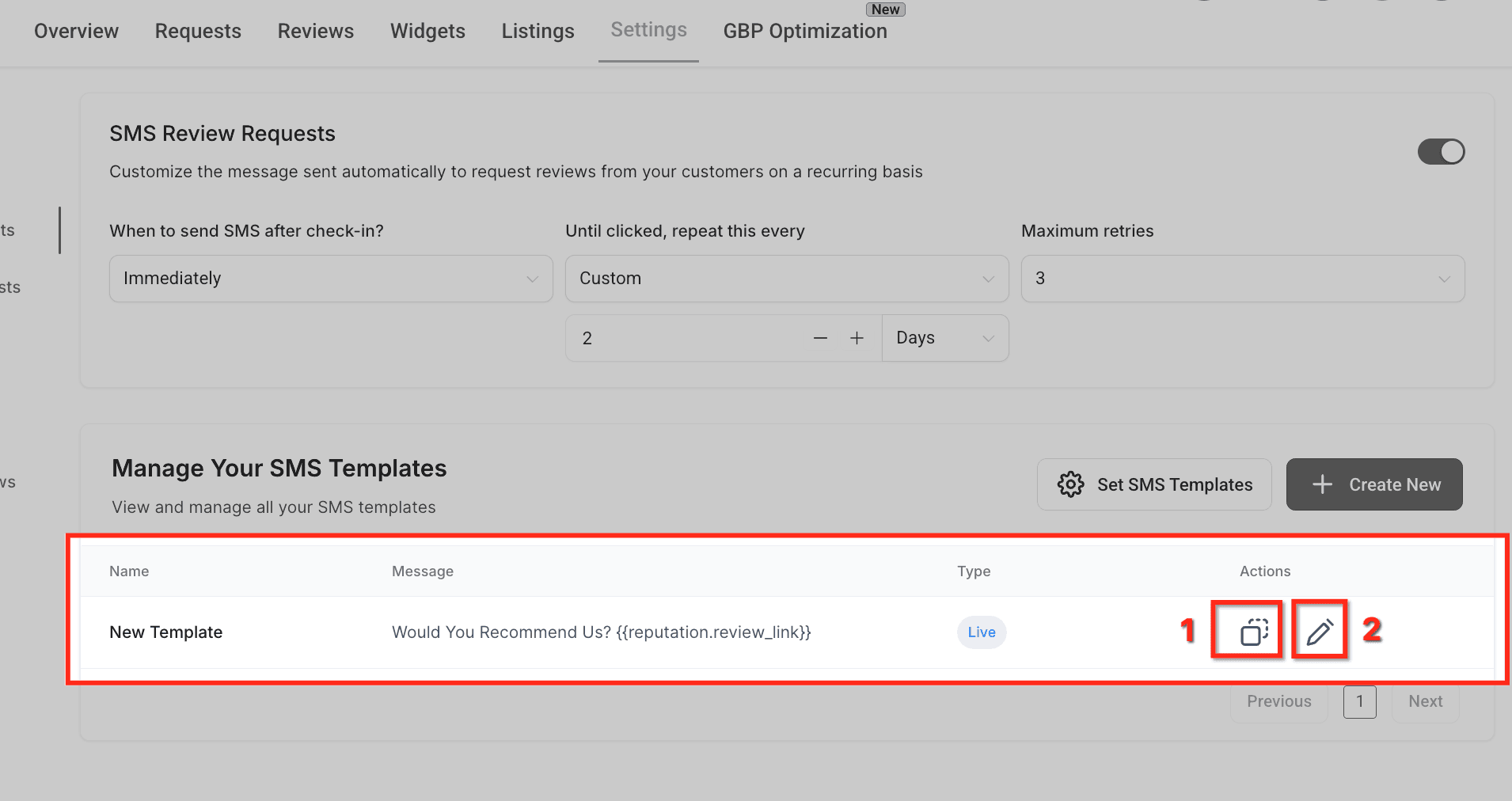 Schermata 14 — Come personalizzare le richieste di recensione con template SMS personalizzati