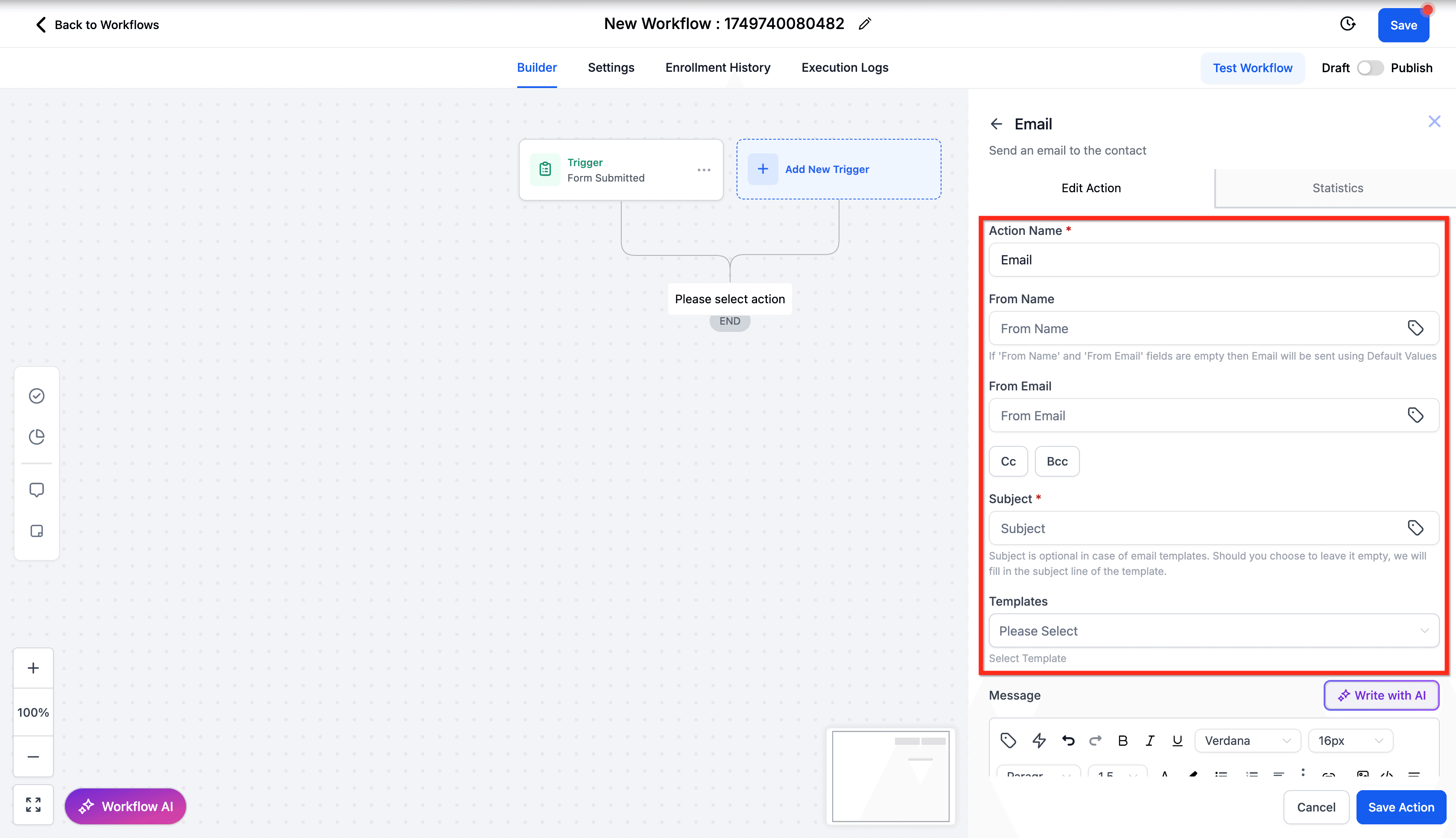 Schermata 3 — Generazione Email con AI nell'Azione Workflow