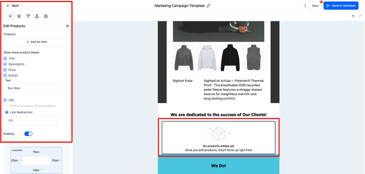 Schermata 13 — Aggiungere l'Elemento Prodotto in una Email Campaign