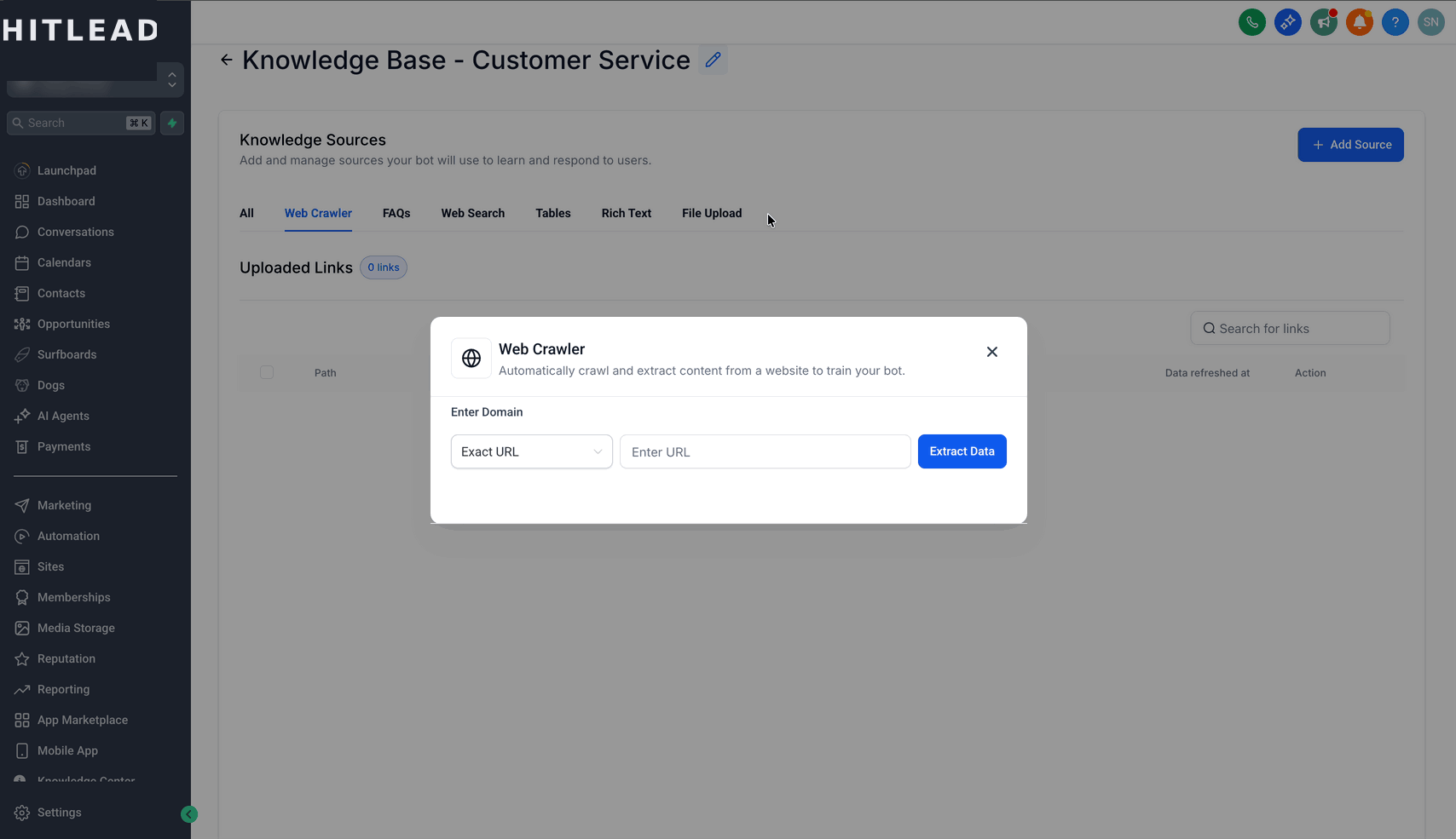 Schermata 2 — Knowledge Base - Web Crawler