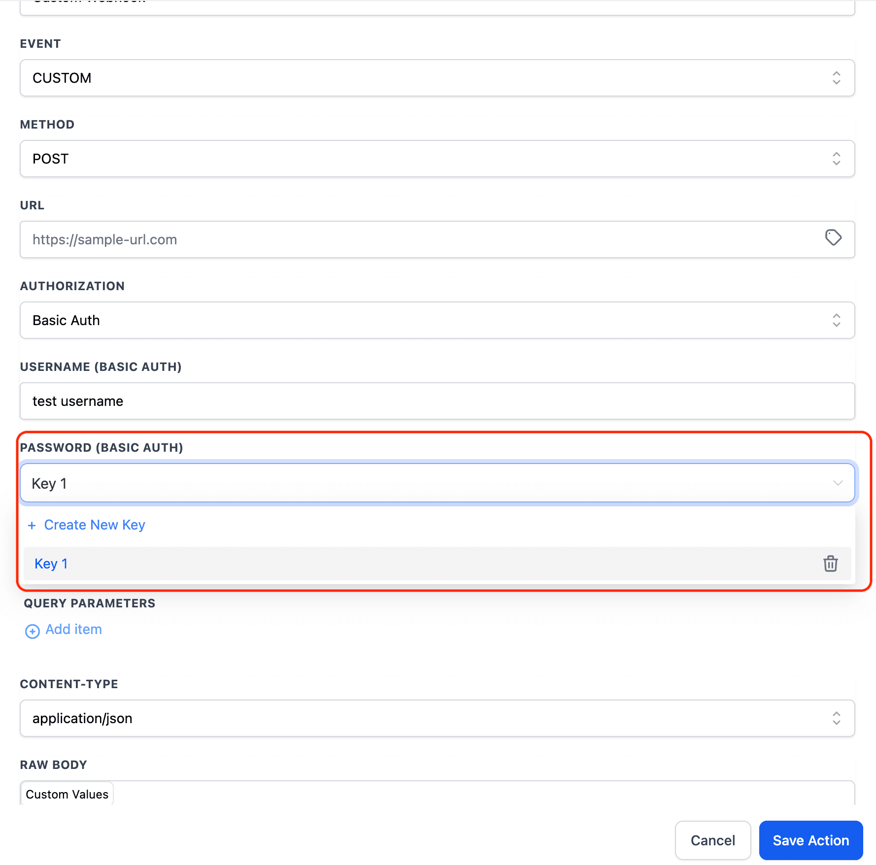 Schermata 2 — Azione Custom Webhook – Gestione Sicura delle Credenziali