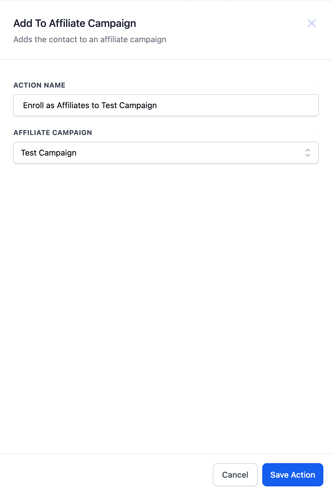 Schermata 1 — Azione Workflow - Aggiungi a Affiliate Campaign
