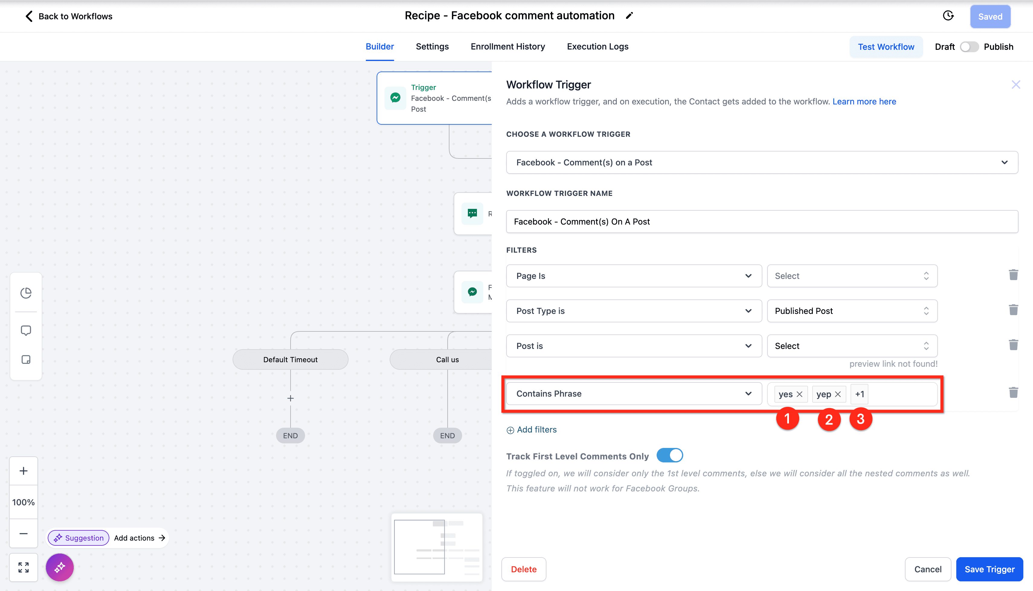 Schermata 10 — Workflow Trigger - Commento/i Facebook su un Post