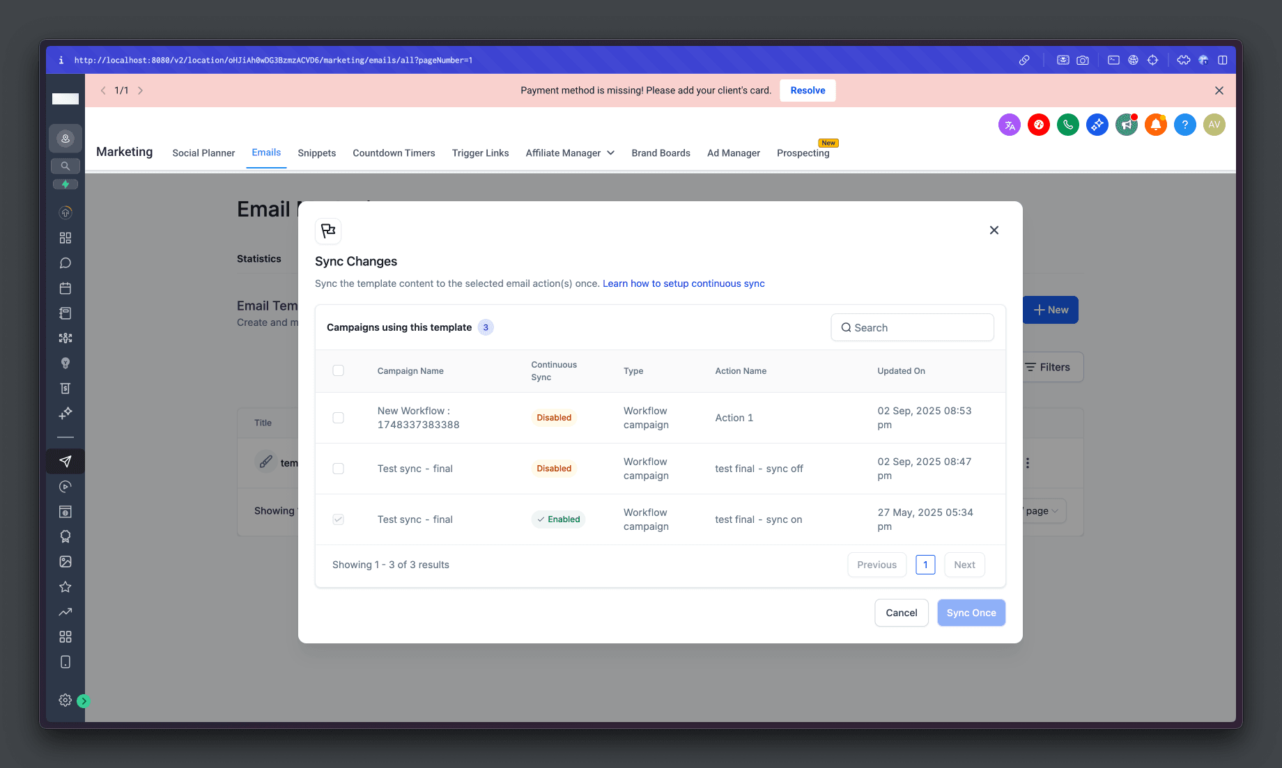 Schermata 4 — Come usare la Checkbox di Sincronizzazione per le Azioni Email nei Workflow (Sincronizzazione Continua)