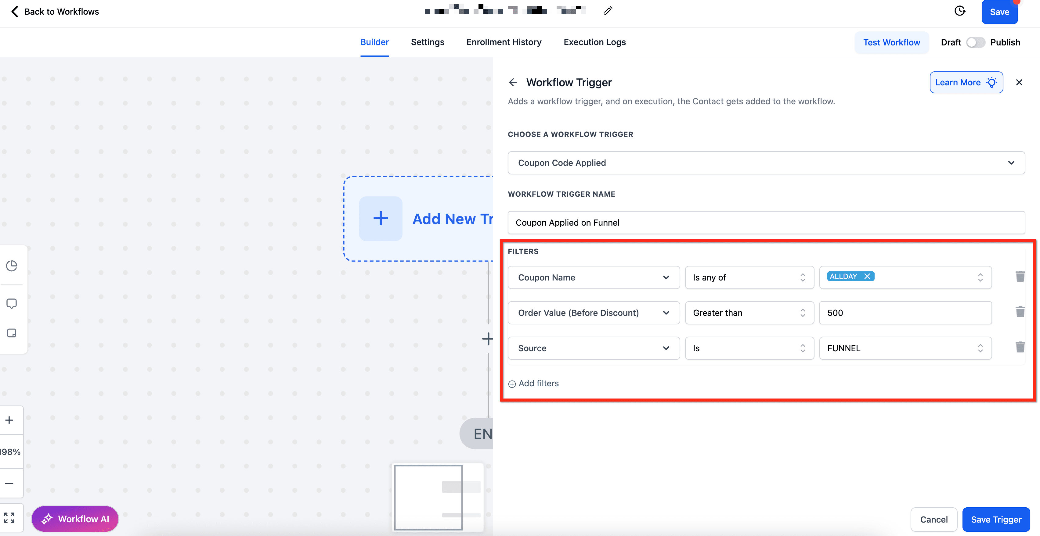 Schermata 4 — Trigger Workflow - Codice Coupon Applicato