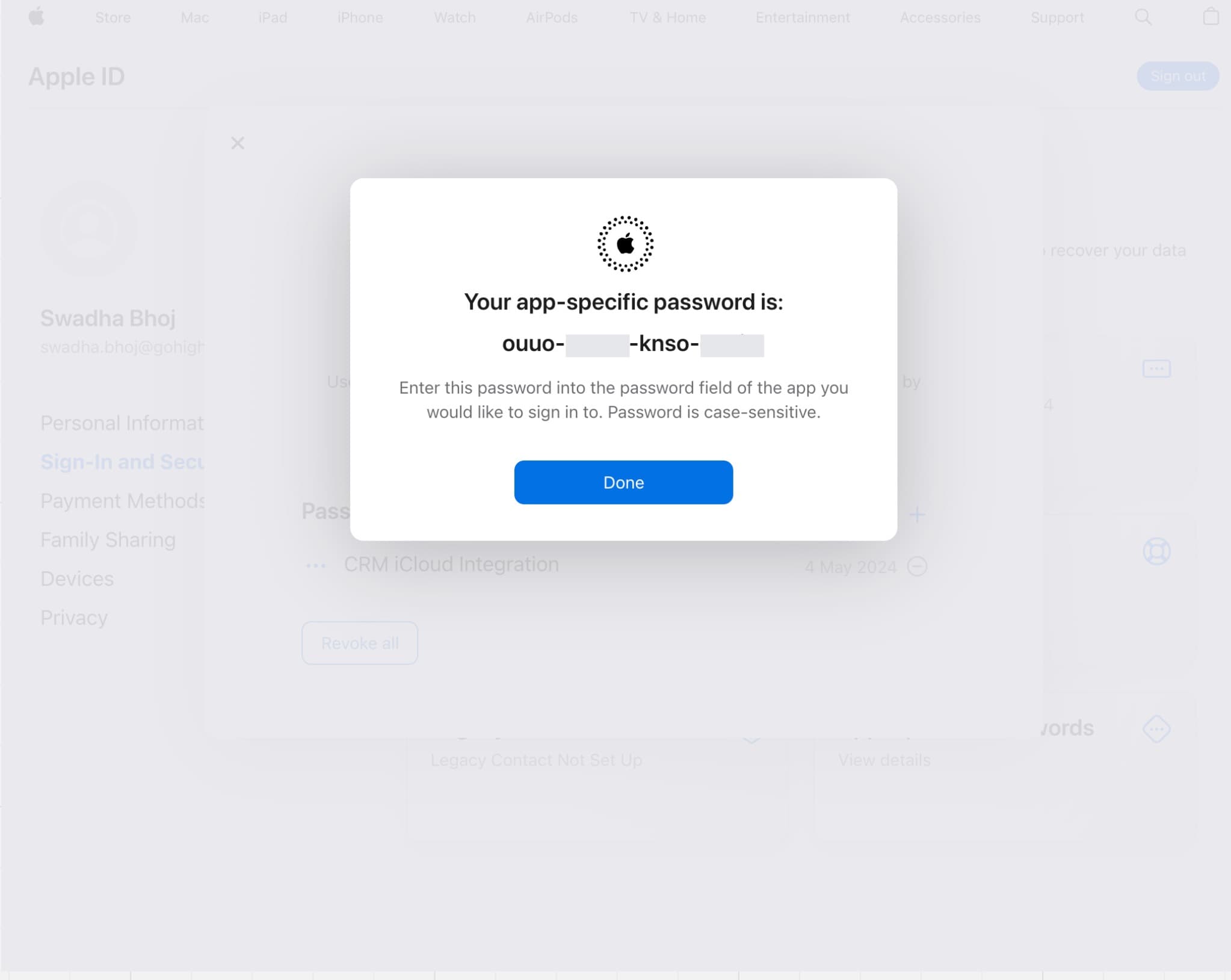 Password specifica per app generata