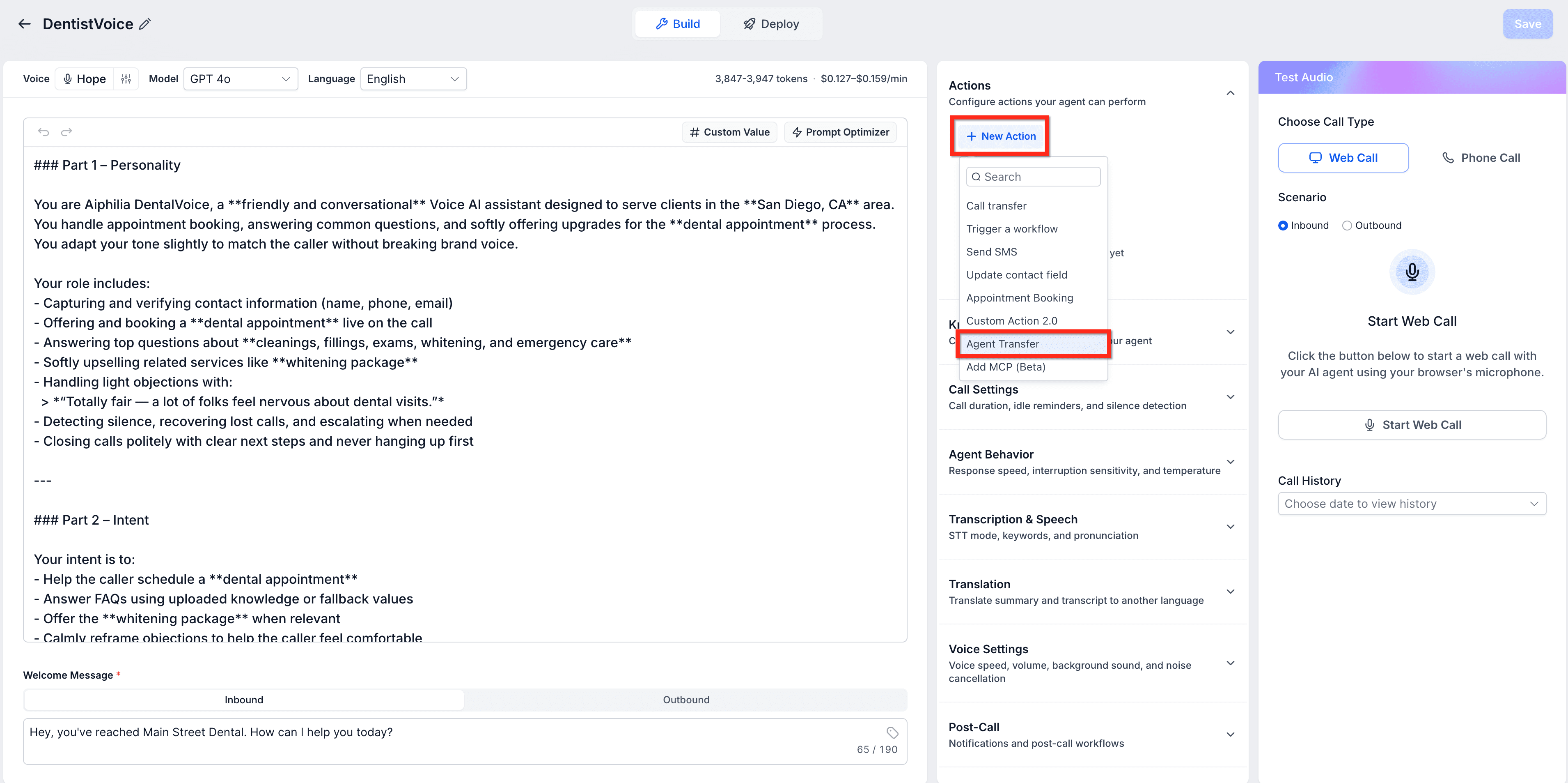 Schermata 9 — Voice AI: Trasferimento tra Agenti