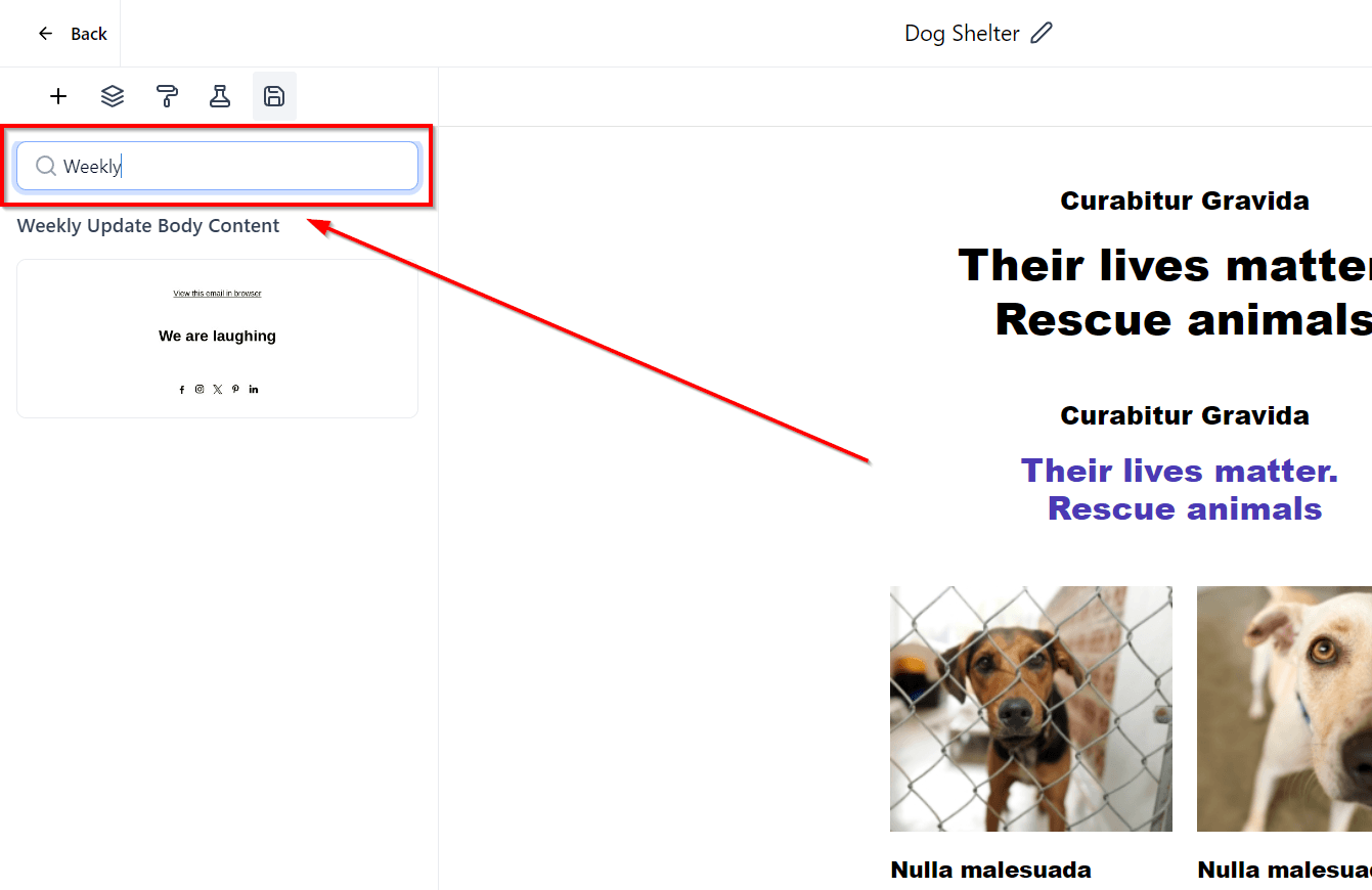 Schermata 6 — Come salvare elementi nell'email builder per un accesso rapido