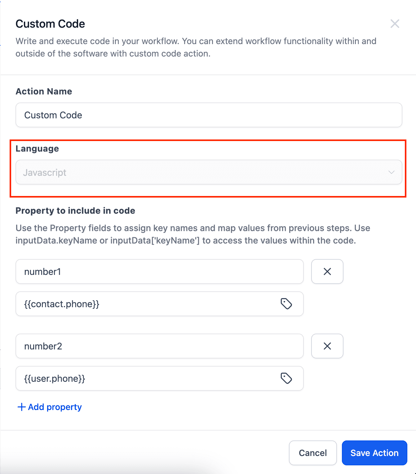 Schermata 2 — Azione Workflow - Custom Code