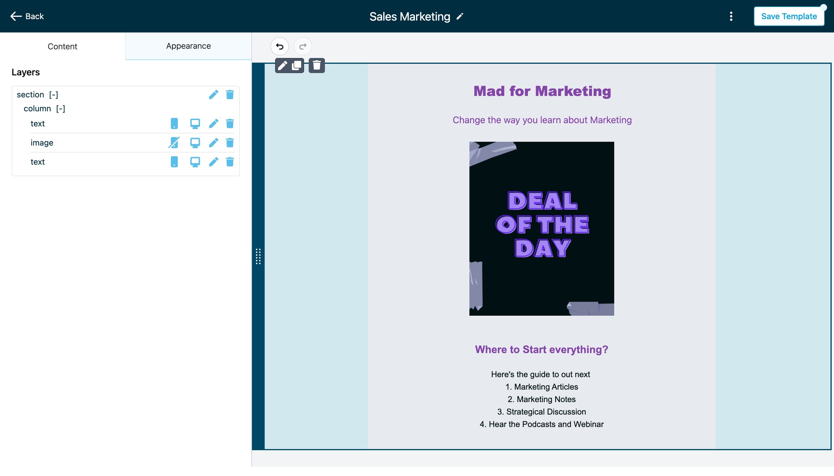 Schermata 2 — Nascondere elementi email nella visualizzazione mobile