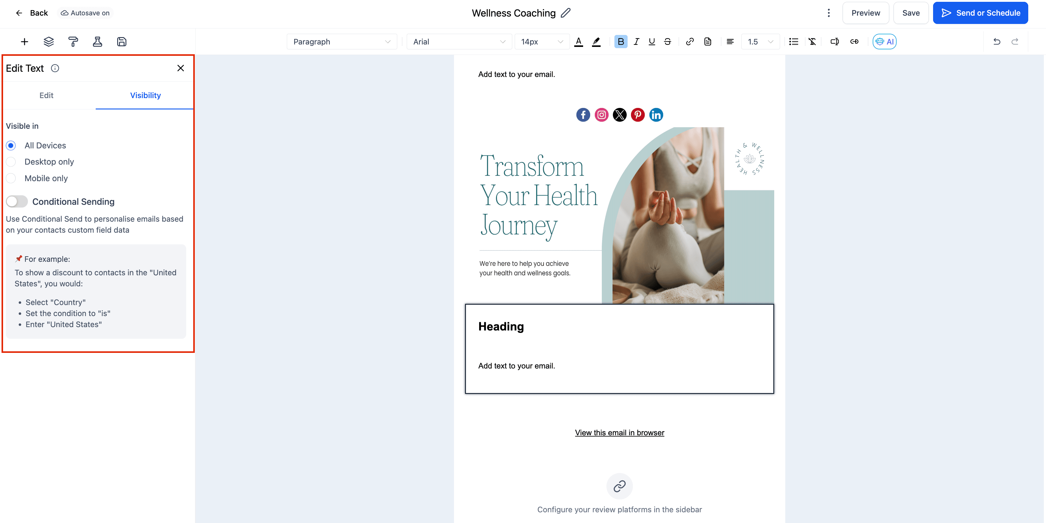 Schermata 7 — Elemento Testo nell'Email Builder