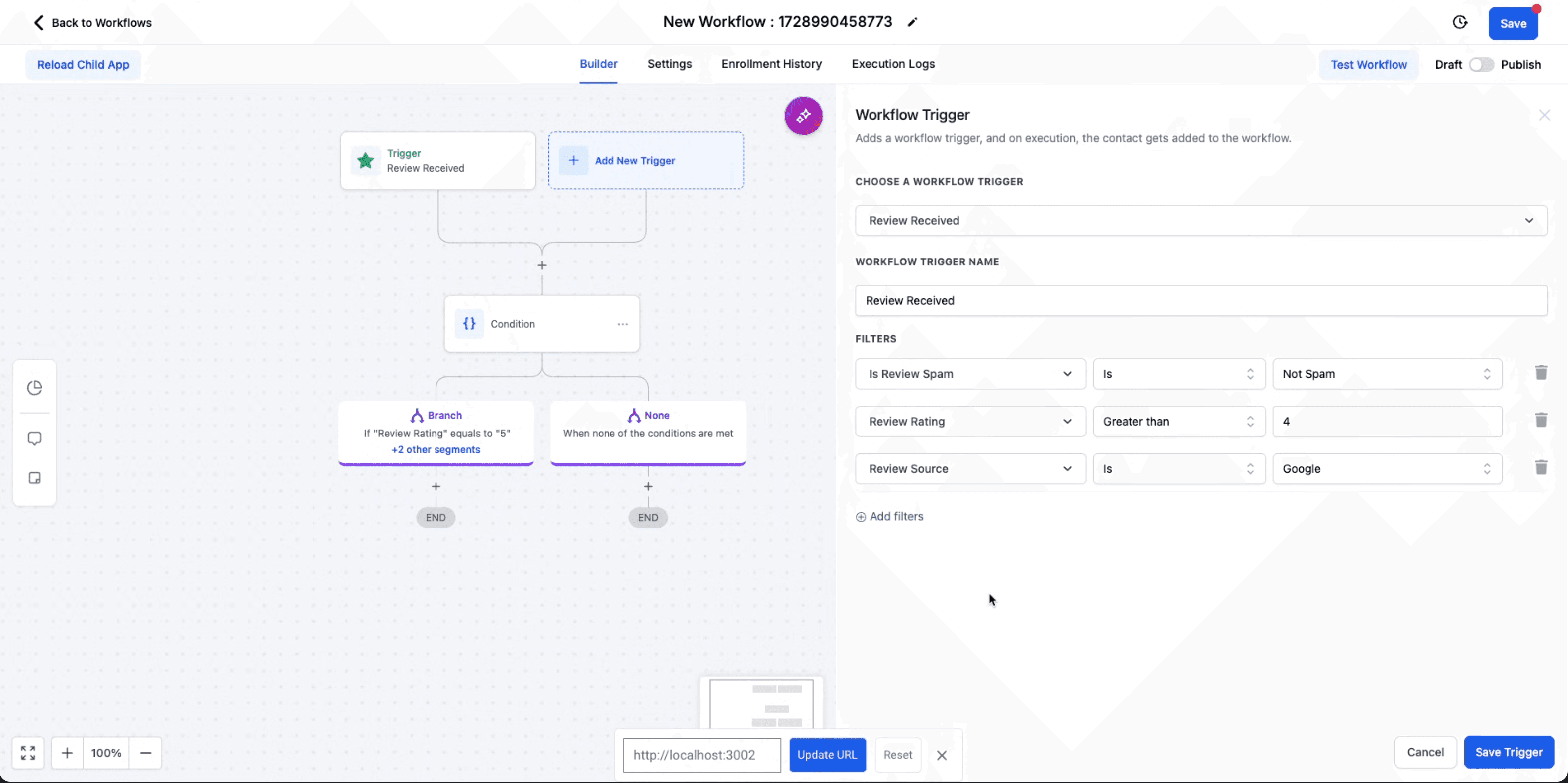 Schermata 2 — Come configurare i Trigger Workflow per le recensioni di Google e Facebook