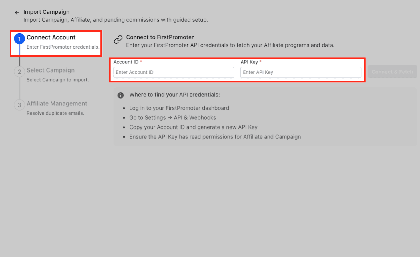 Schermata 2 — Affiliate Manager: Importa Campagne, Affiliati e Commissioni da FirstPromoter