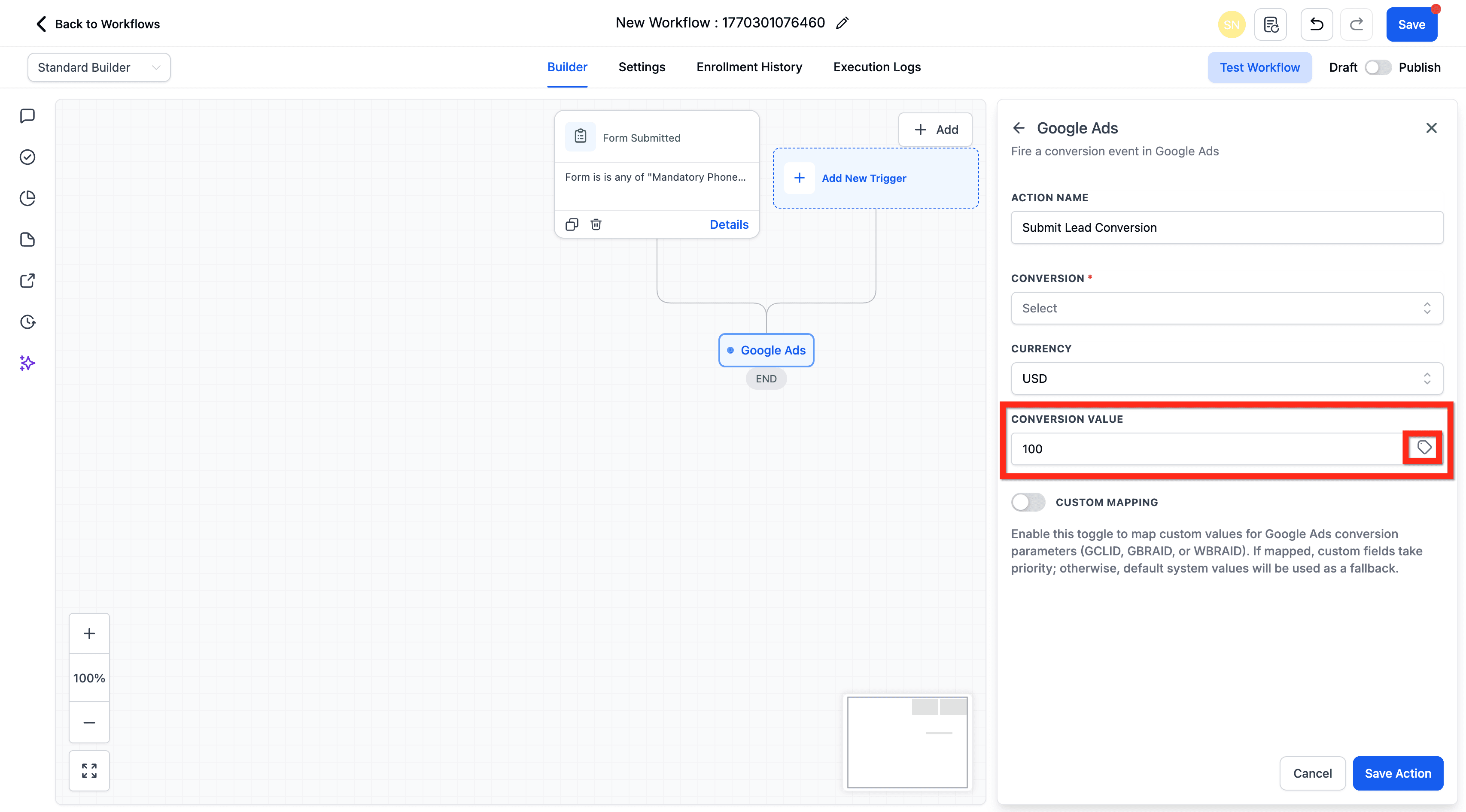 Schermata 8 — Azione Workflow - Aggiungi a Google Ads