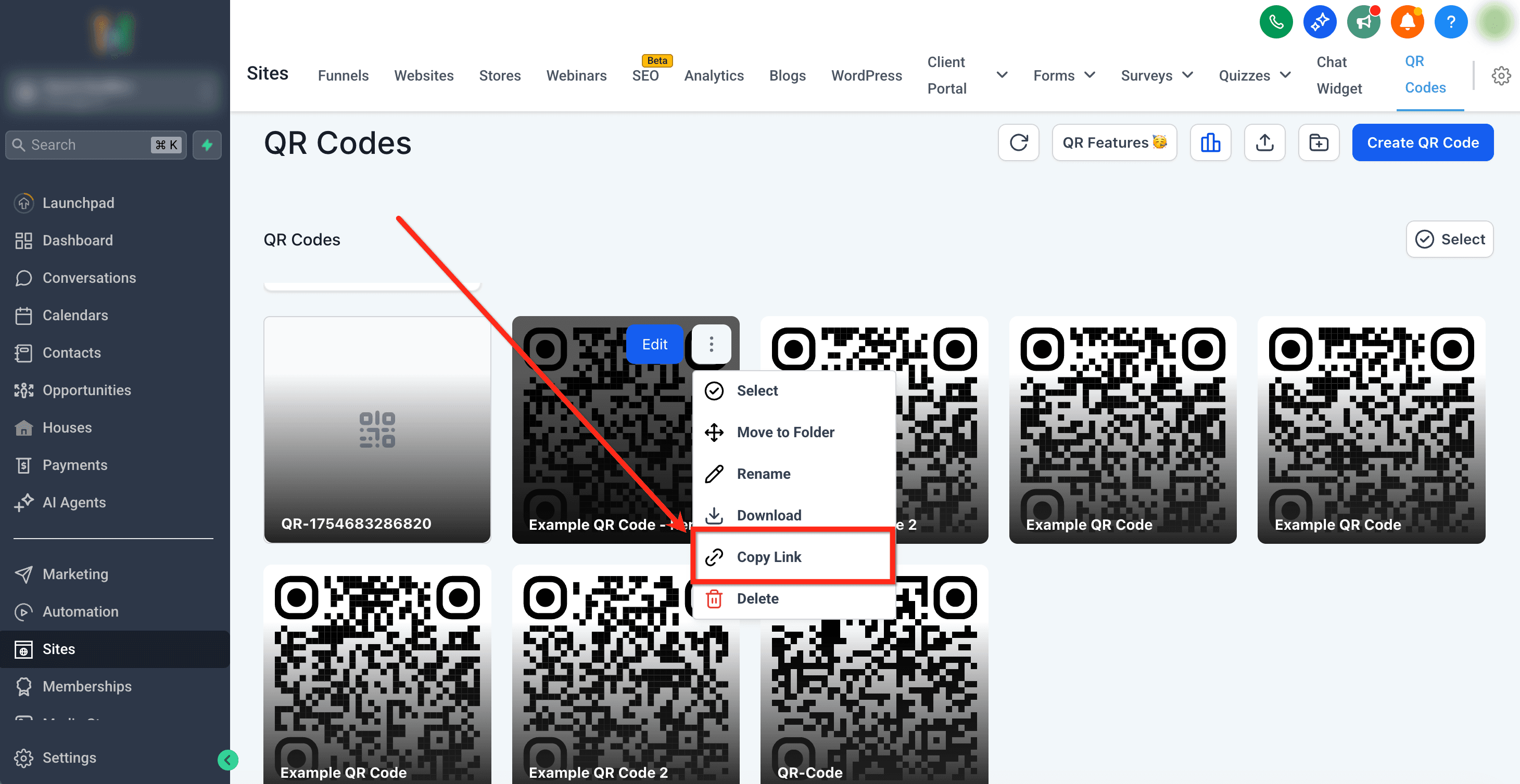Schermata 13 — Azioni Massive sui QR Code, Rinominazione e Scorciatoia Copia Link