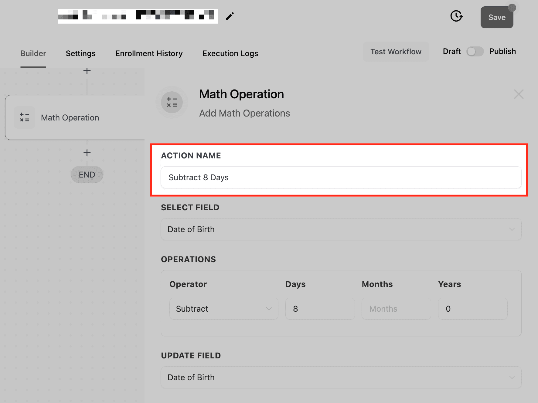 Schermata 3 — Azione Workflow - Operazione Matematica