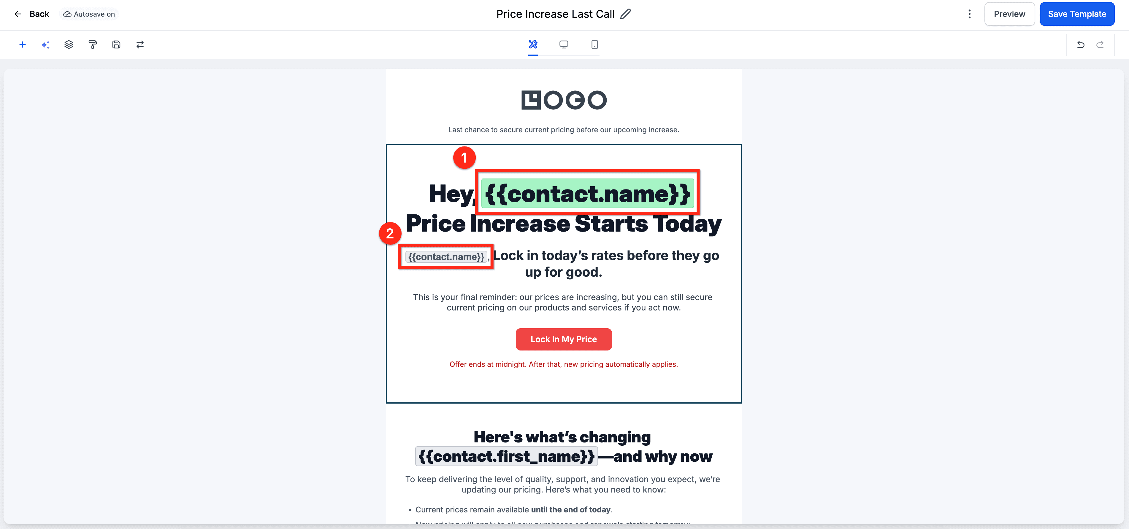 Schermata 2 — Impostare valori predefiniti per i Custom Value nelle email