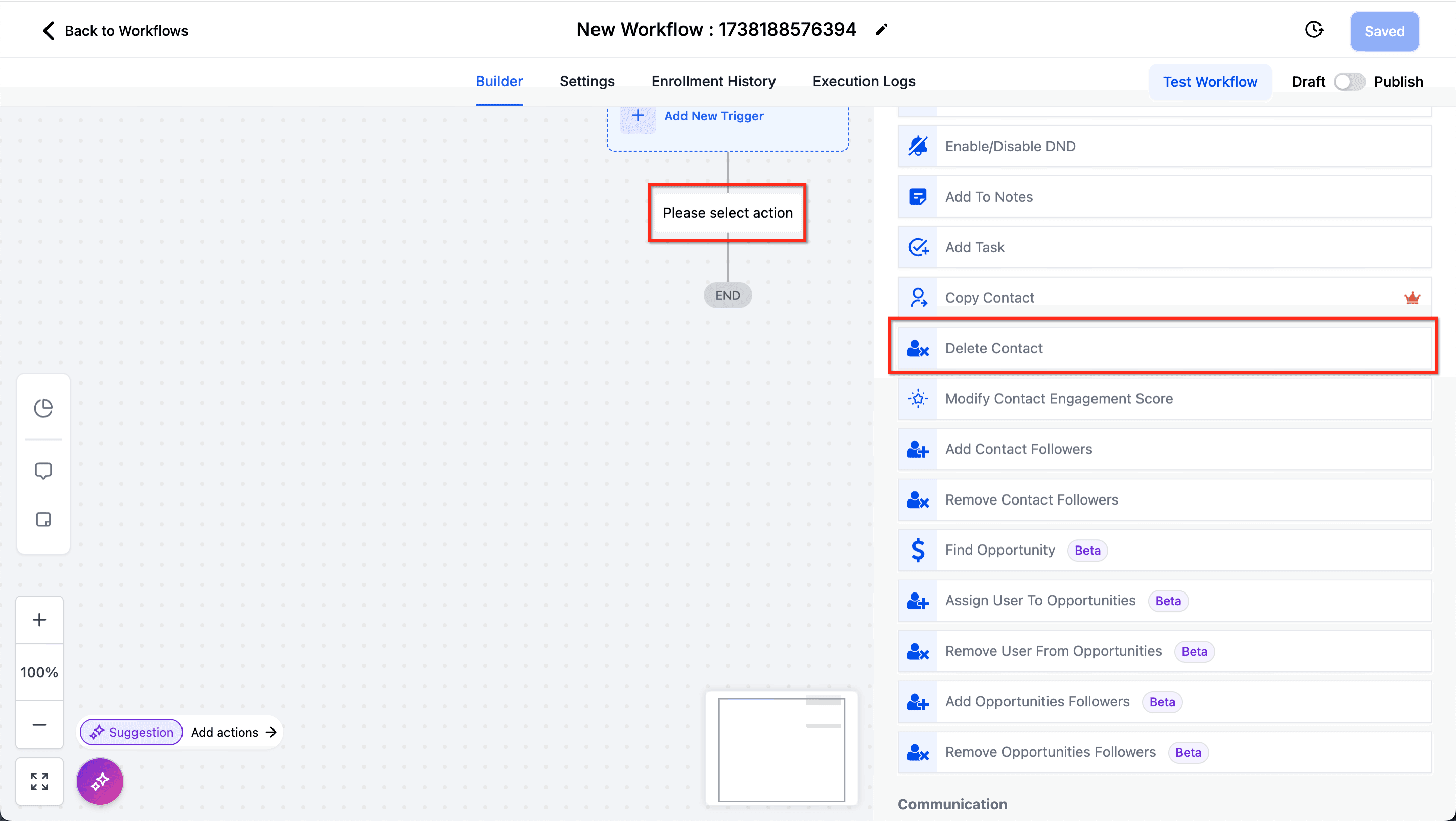 Schermata 2 — Azioni Workflow - Elimina Contatto
