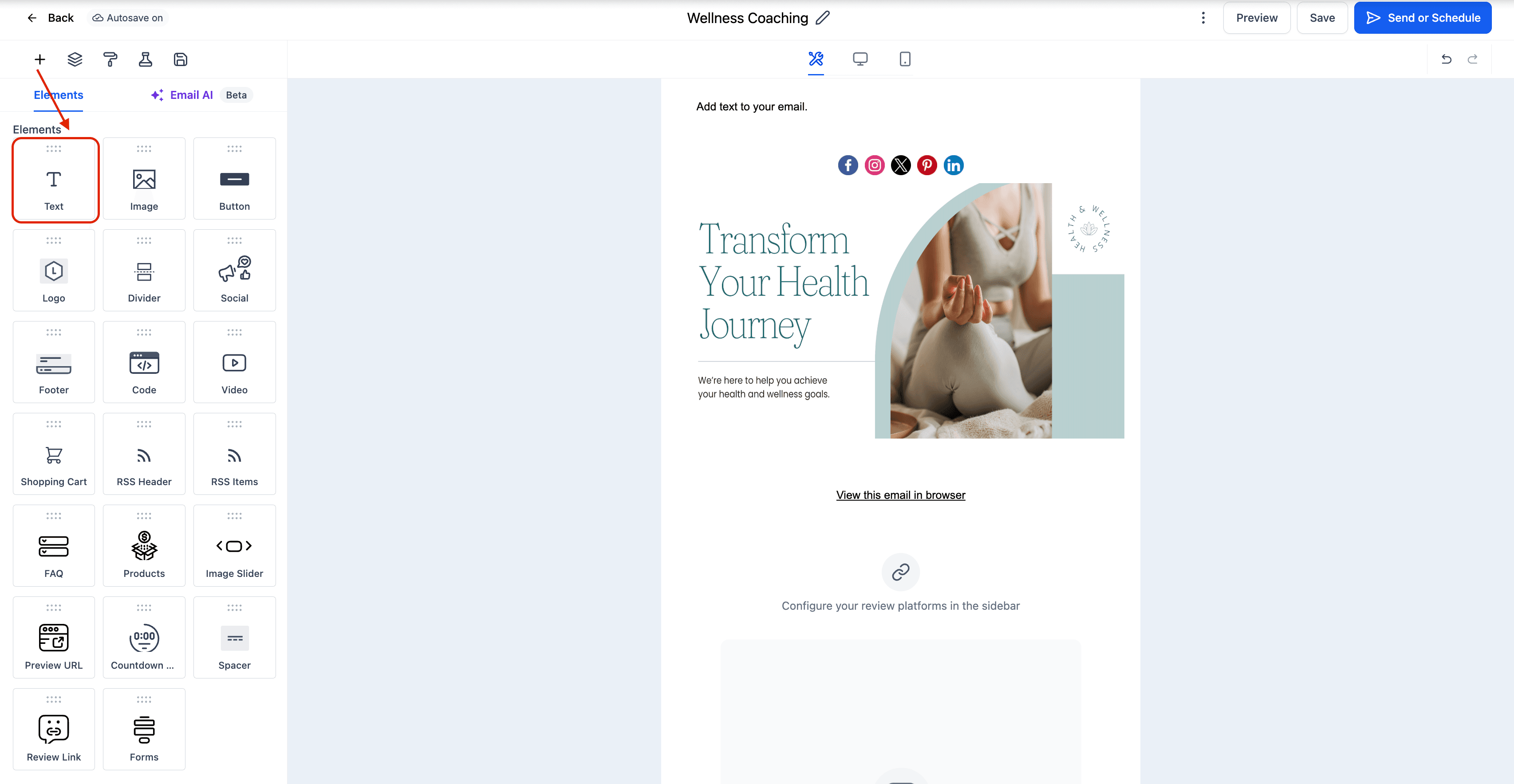 Schermata 3 — Elemento Testo nell'Email Builder
