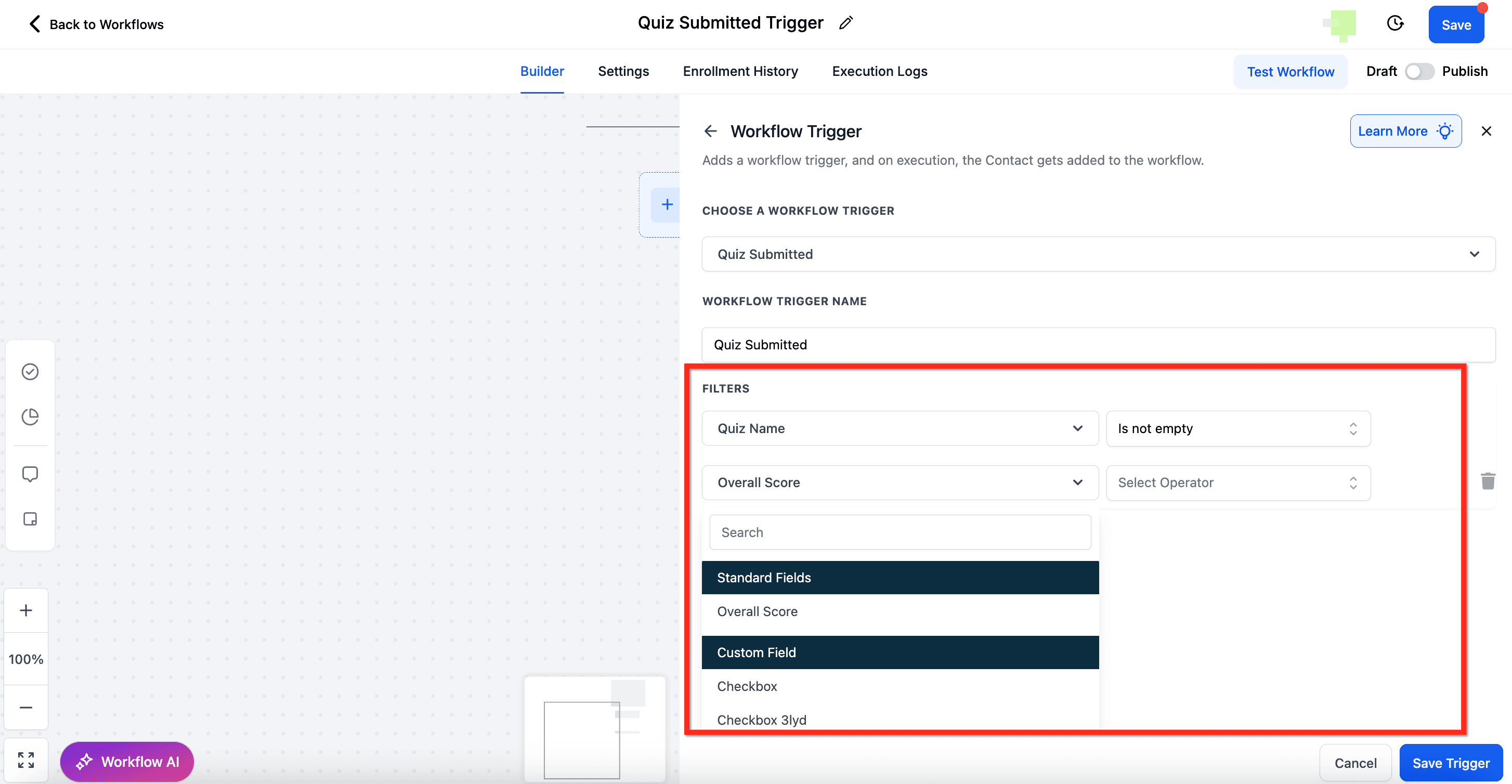 Schermata 3 — Workflow Trigger - Quiz Submitted